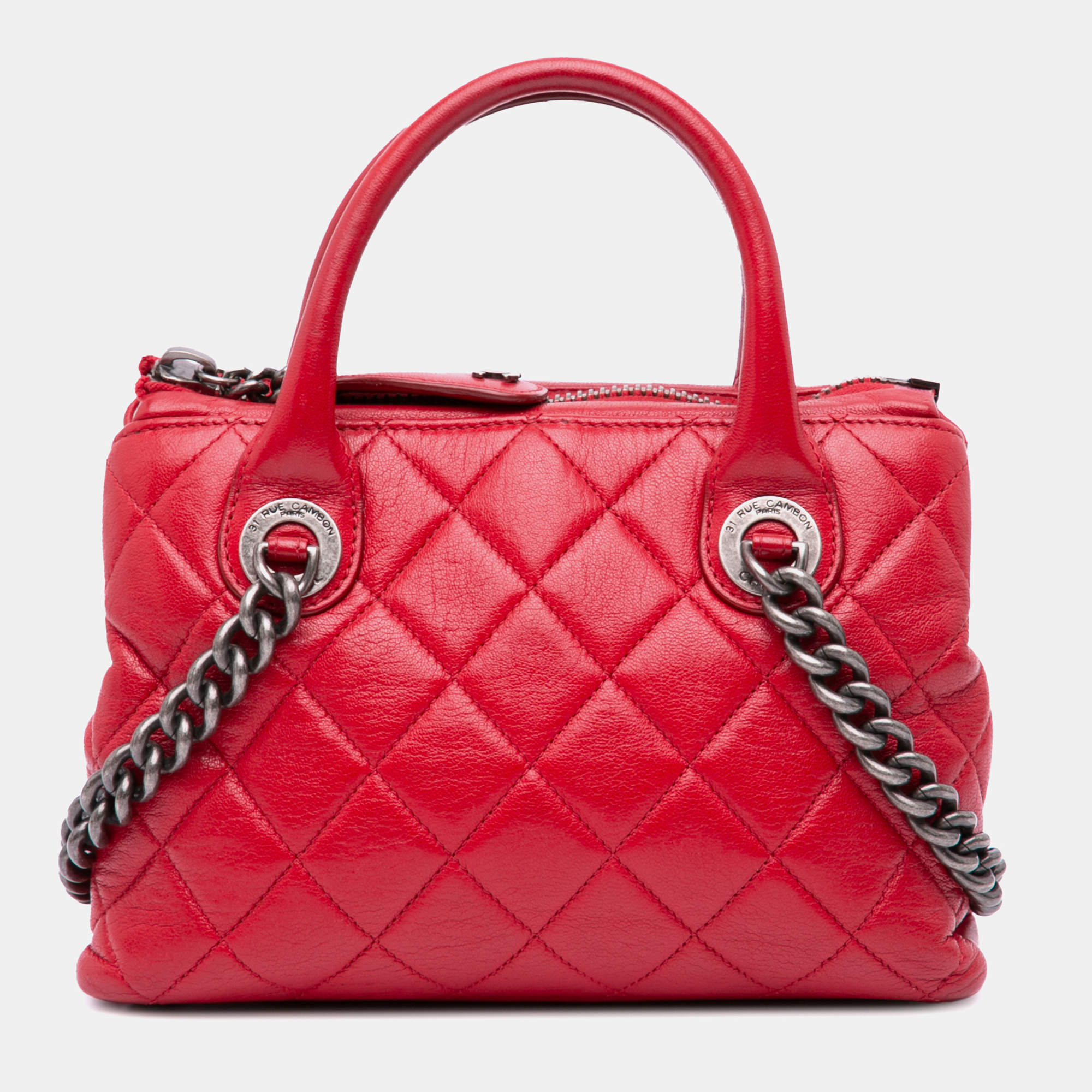 Chanel Red Small Quilted Shiny Sheepskin Boy Chained Tote