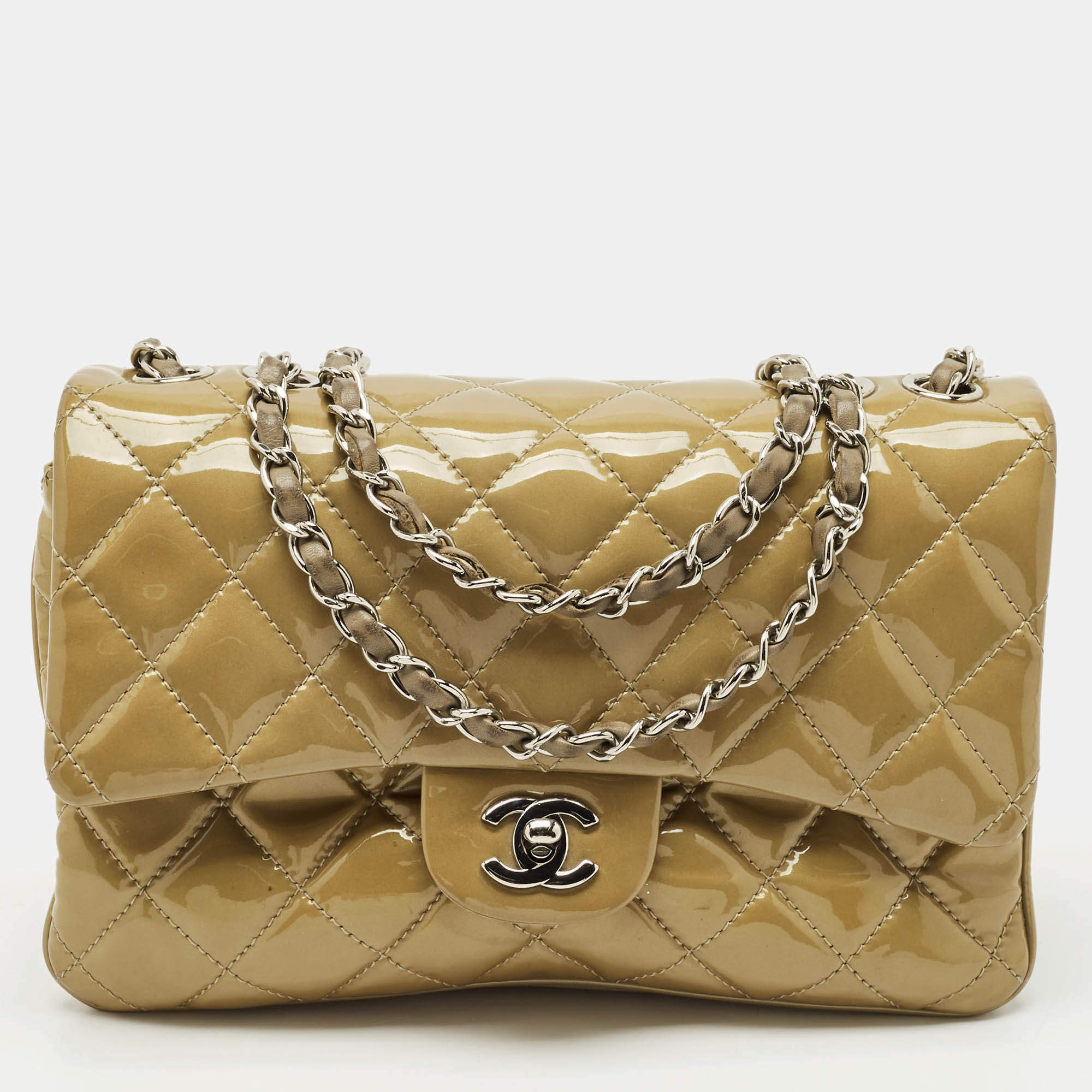Pre Owned Chanel Beige Quilted Patent Leather 3 Compartment Classic Flap Bag