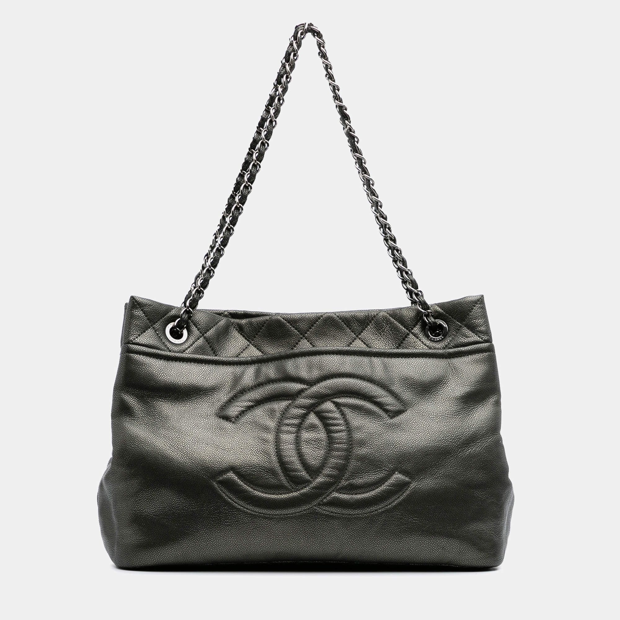 Chanel Grey CC Metallic Caviar Soft Tote