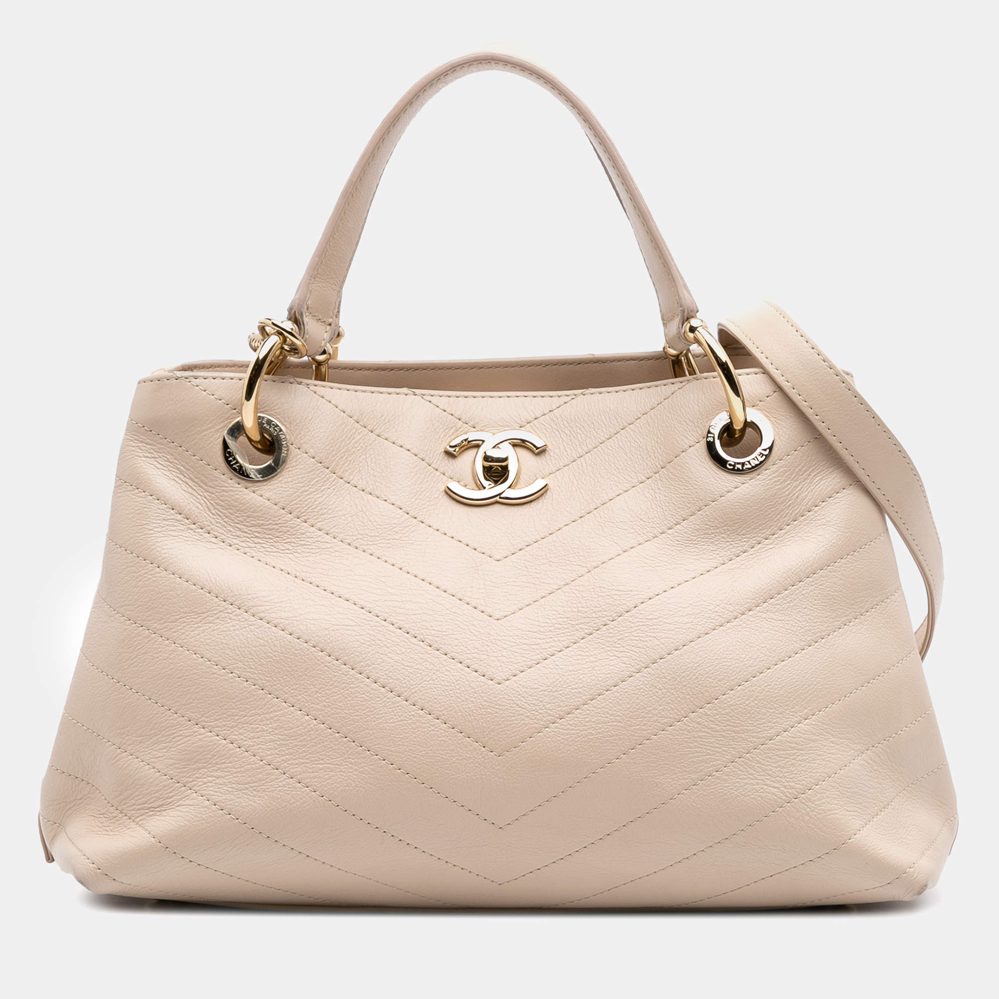 Chanel Brown Large CC Chevron Calfskin Stitched Shopping Tote