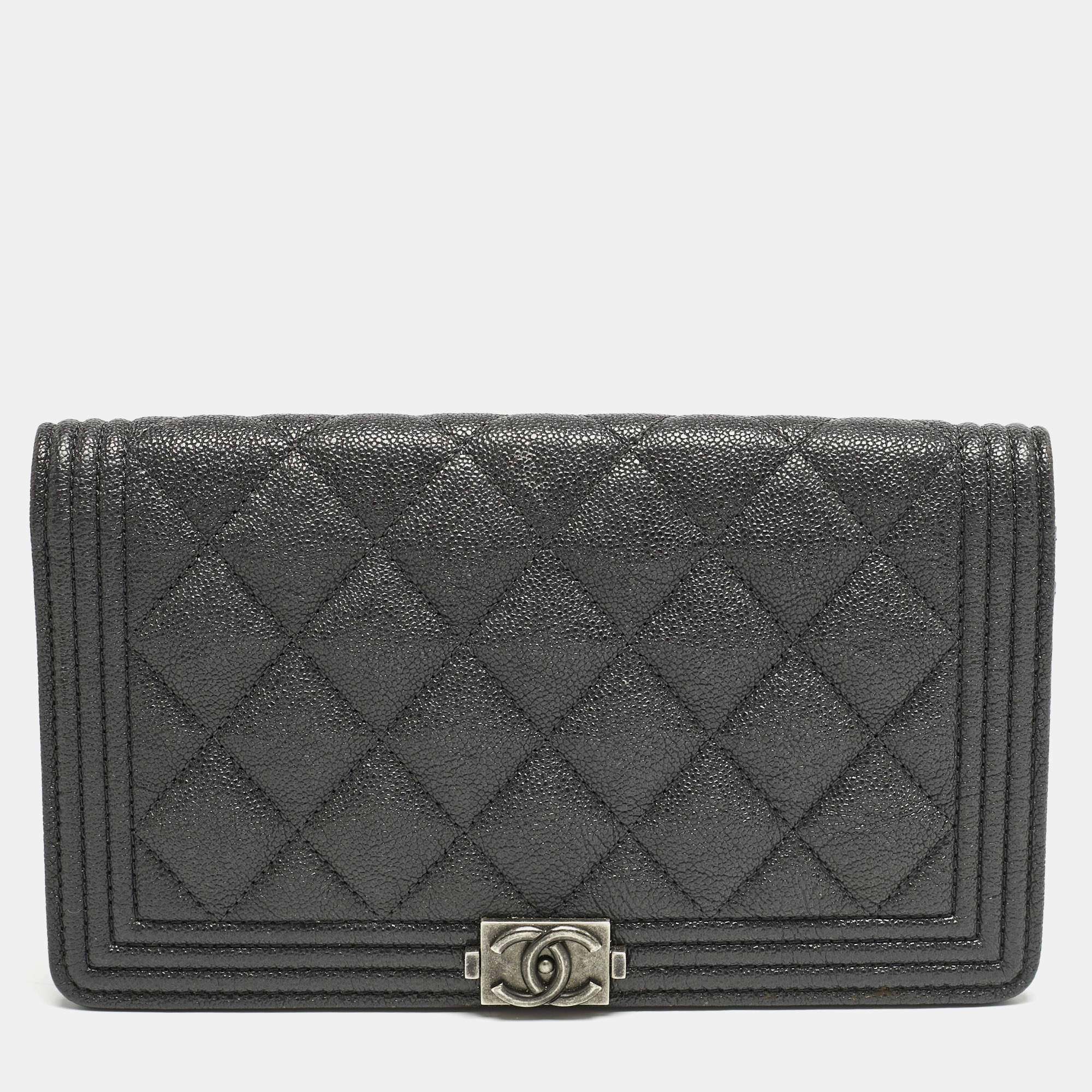 Chanel Grey Caviar Leather Boy Bifold Long Wallet