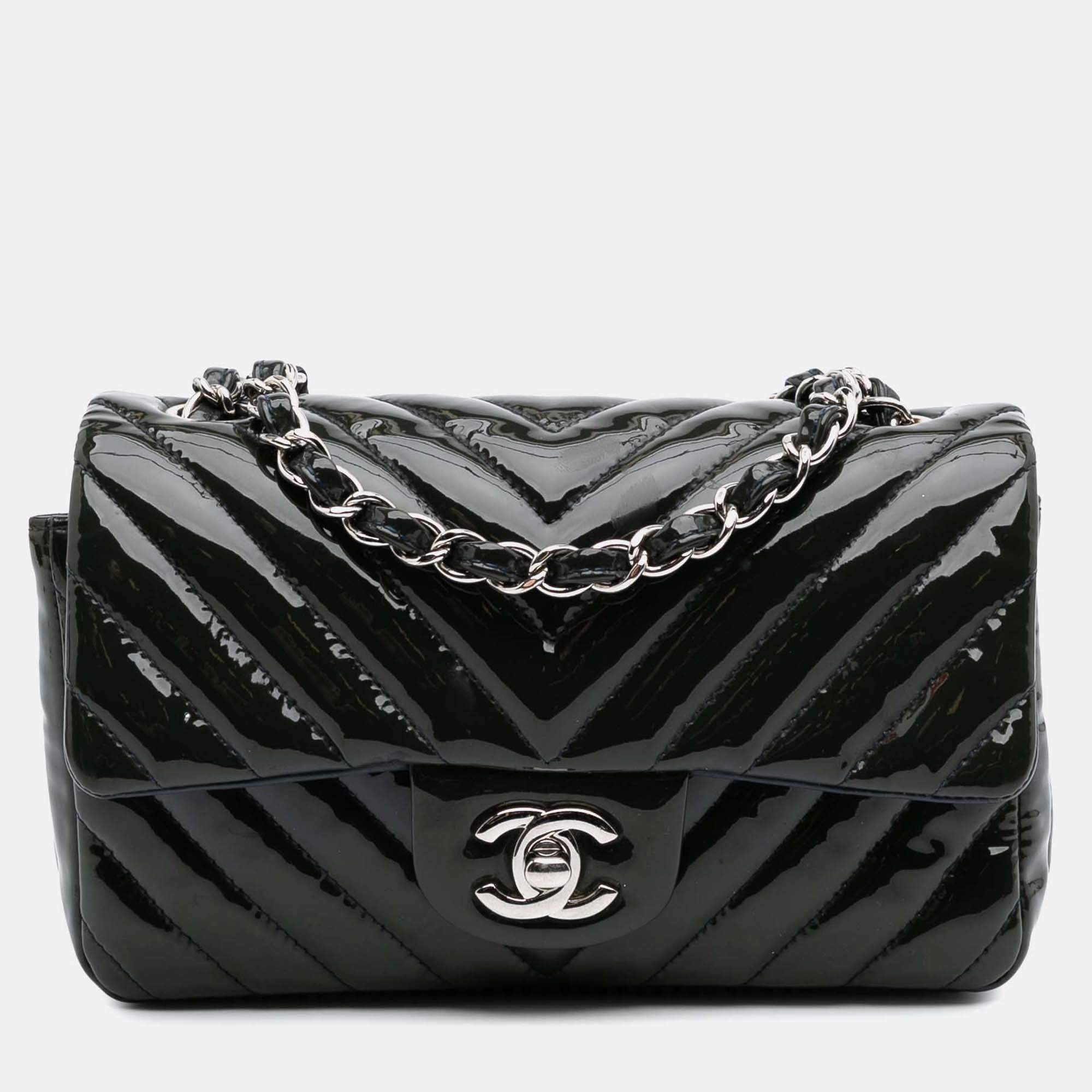 Pre Owned Chanel Navy Blue Mini Rectangular Classic Chevron Patent Single Flap