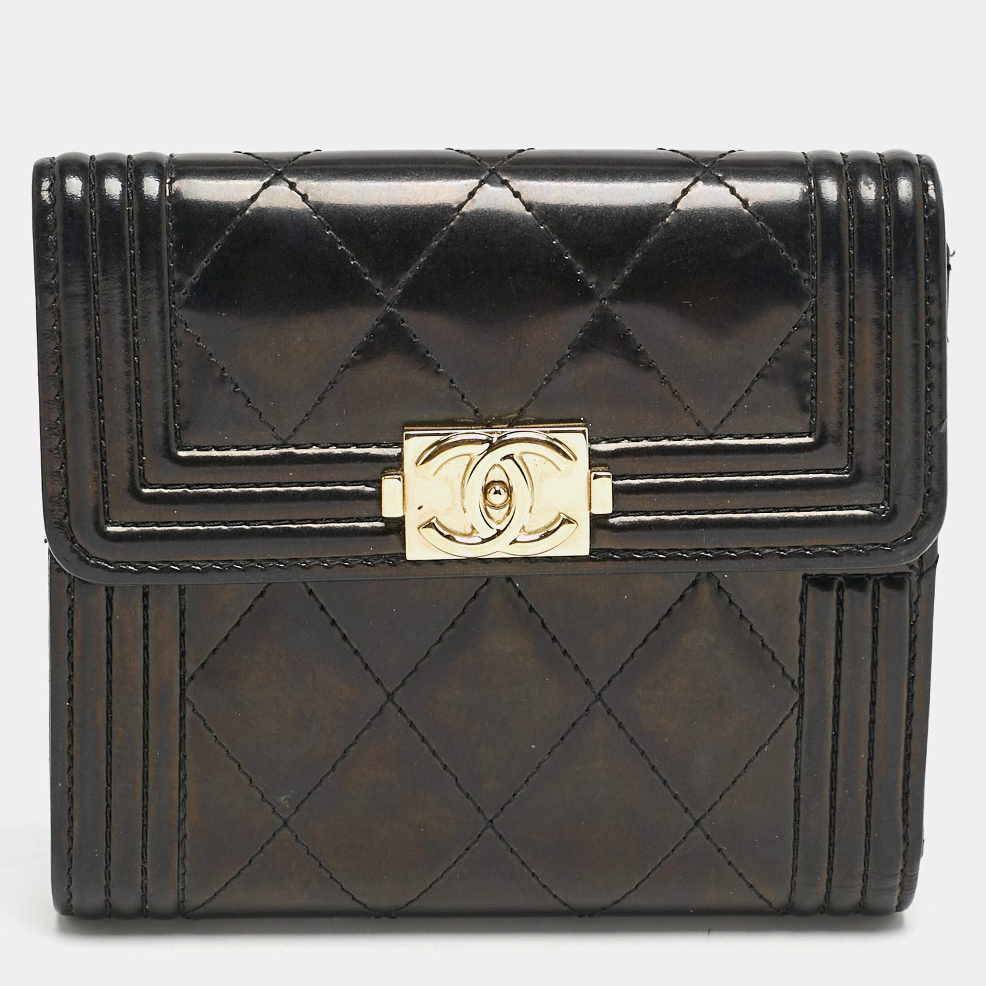 Chanel Black Quilted Patent Leather Boy Compact Wallet
