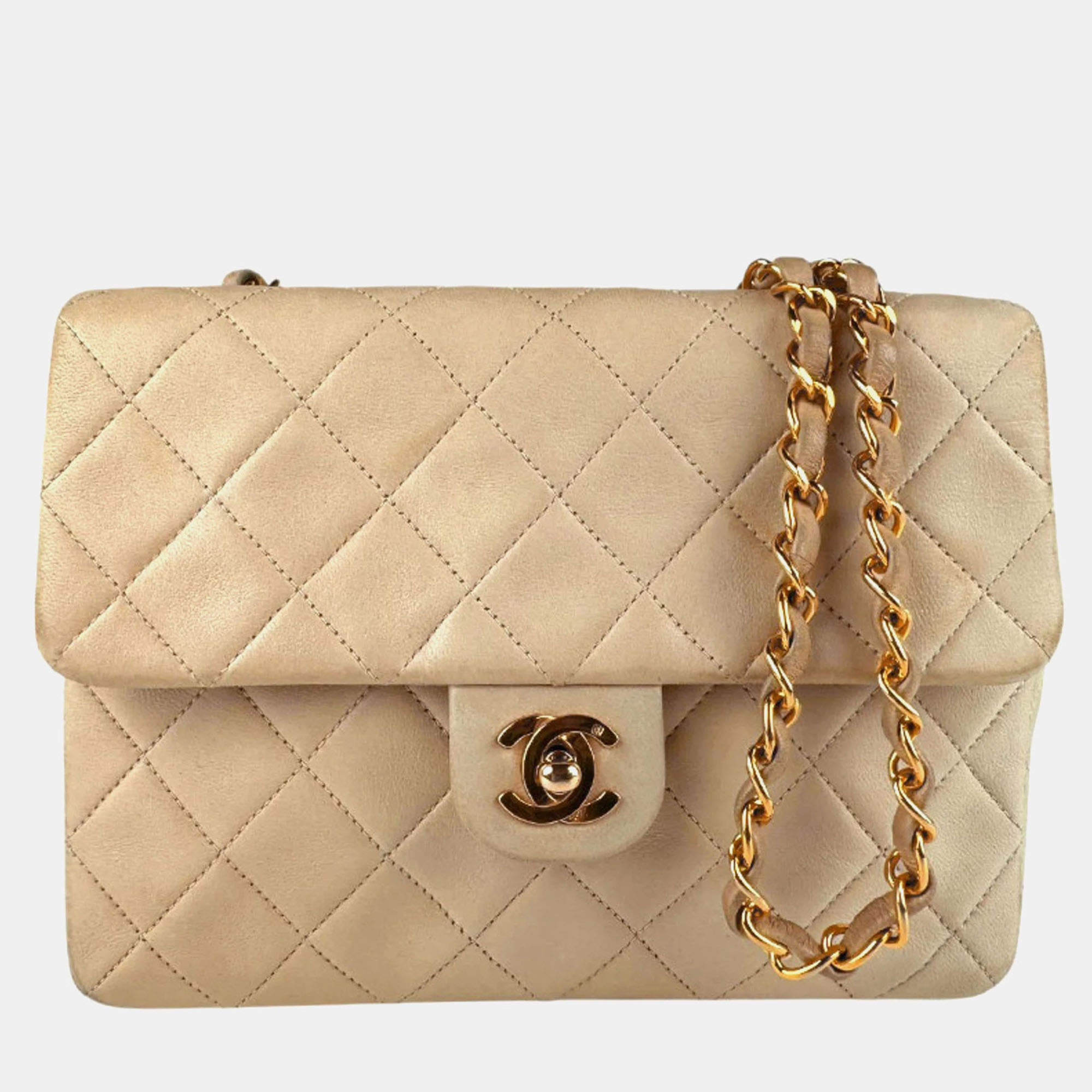 Pre Owned Chanel Beige Lambskin Shoulder Bag 