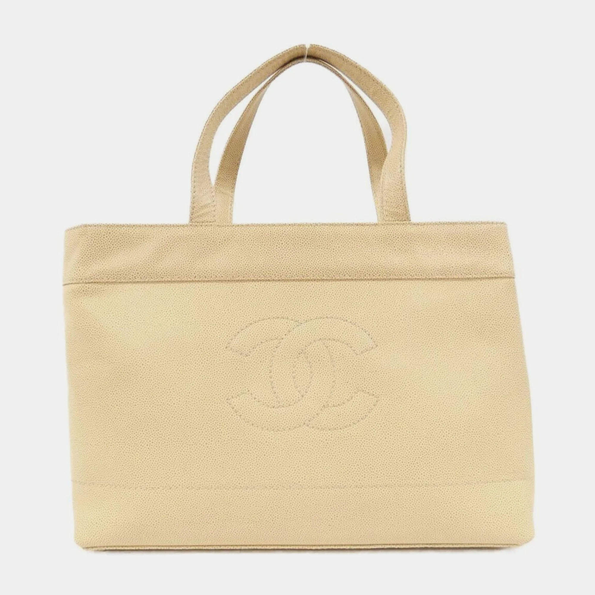 Pre Owned Chanel Beige Caviar Leather Handbag