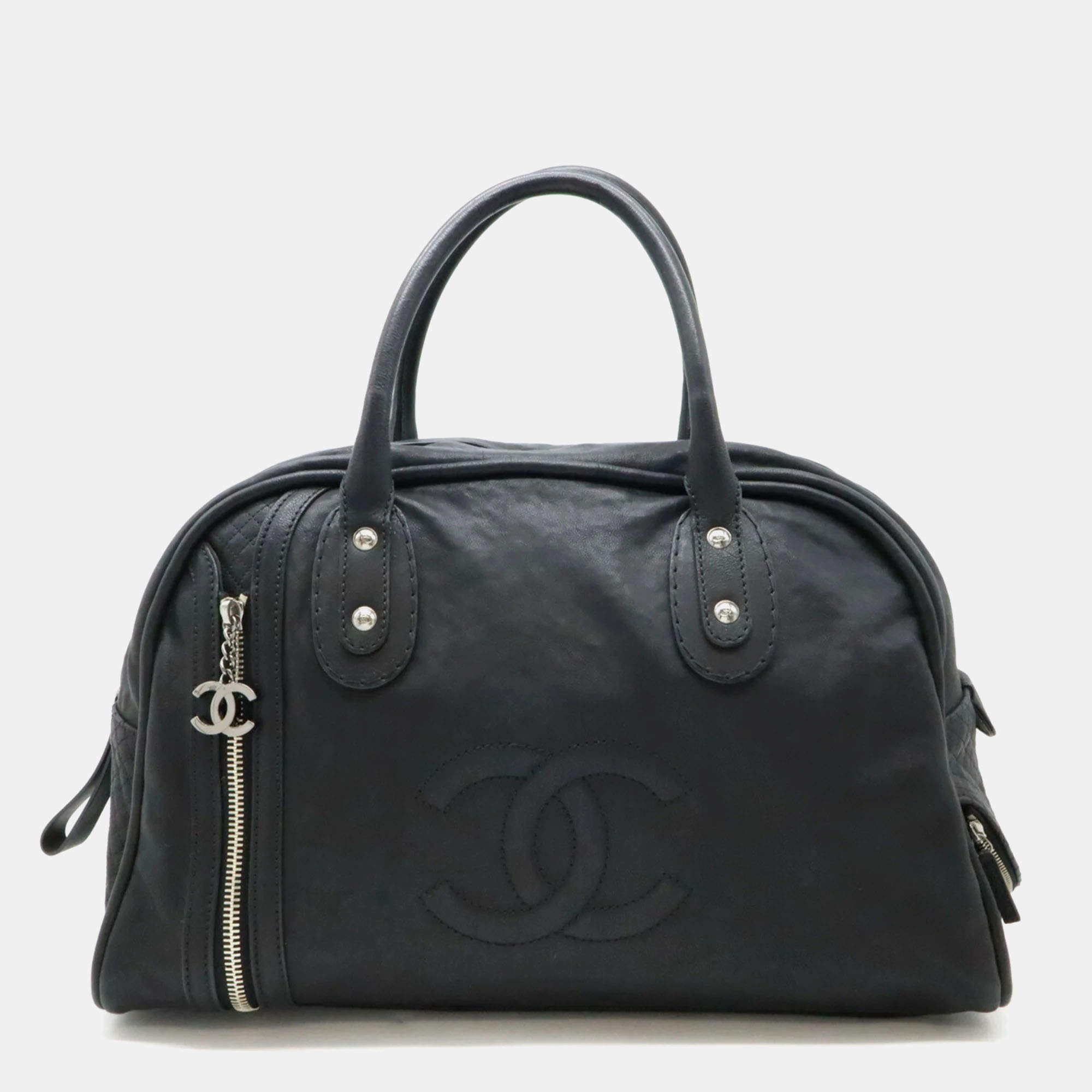 Chanel Black Matelasse Leather Coco Mark Boston Travel Bag