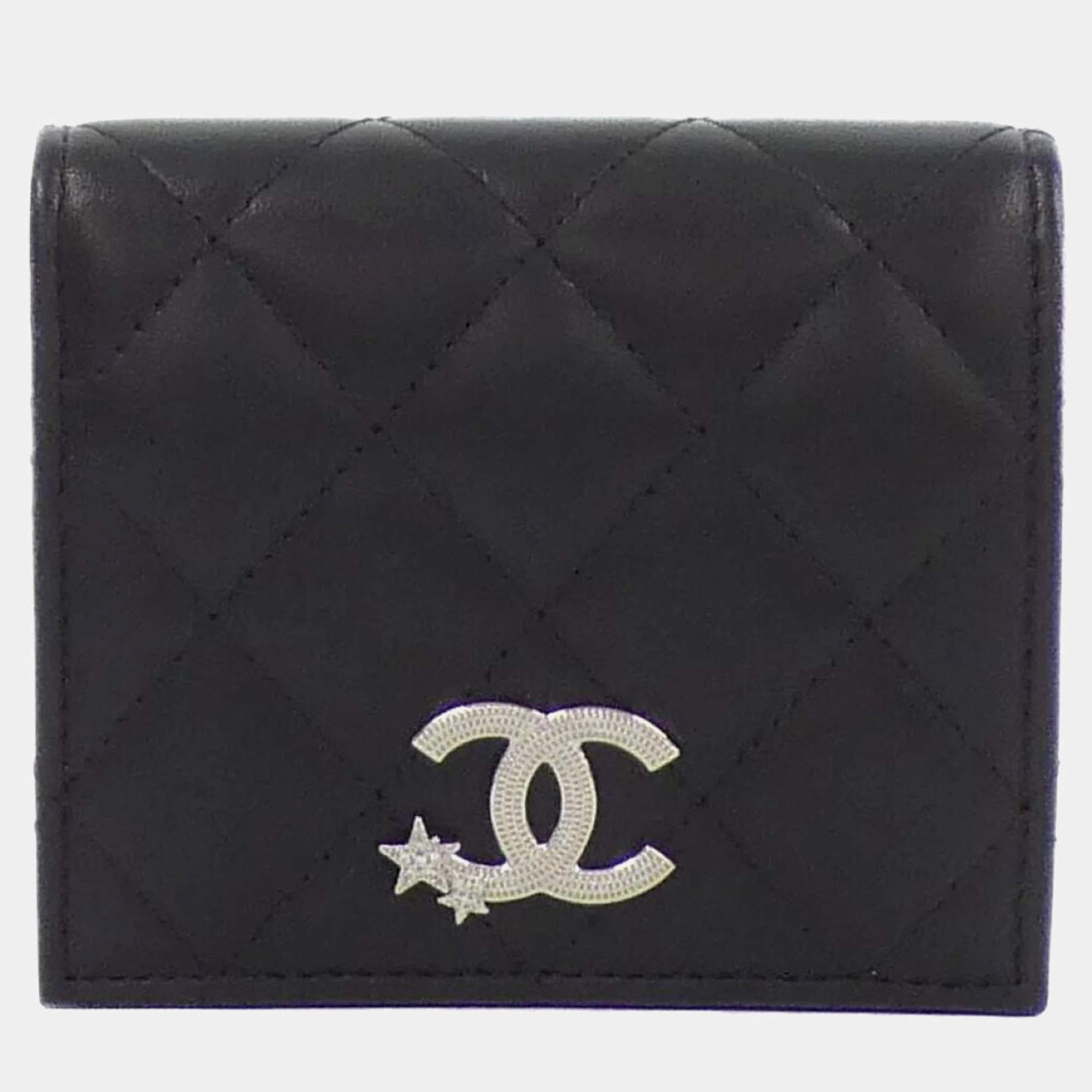 Chanel Black Leather Small Quilted Crystal Star CC Flap Wallet