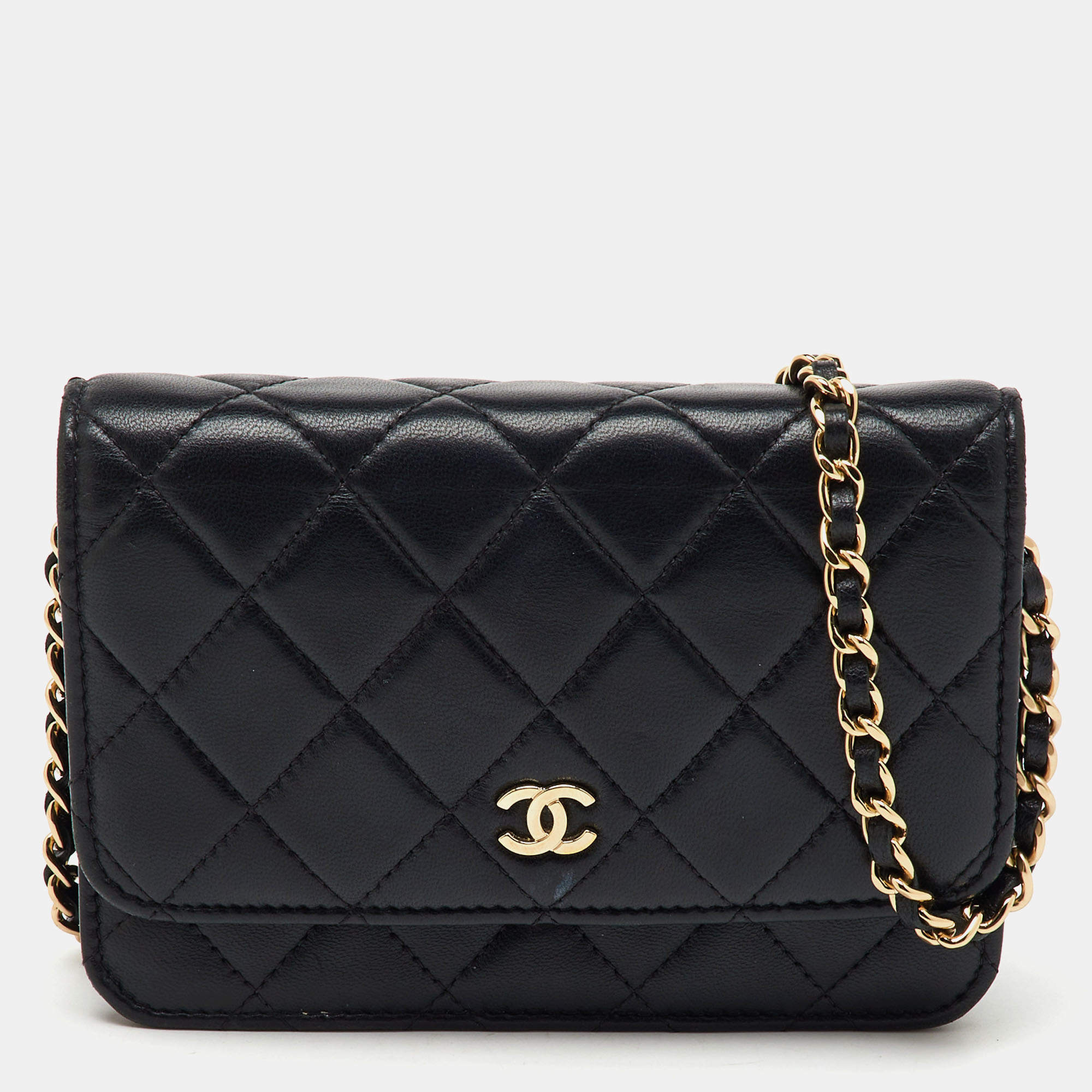 Chanel Black Quilted Leather CC Classic Flap Wallet On Chain