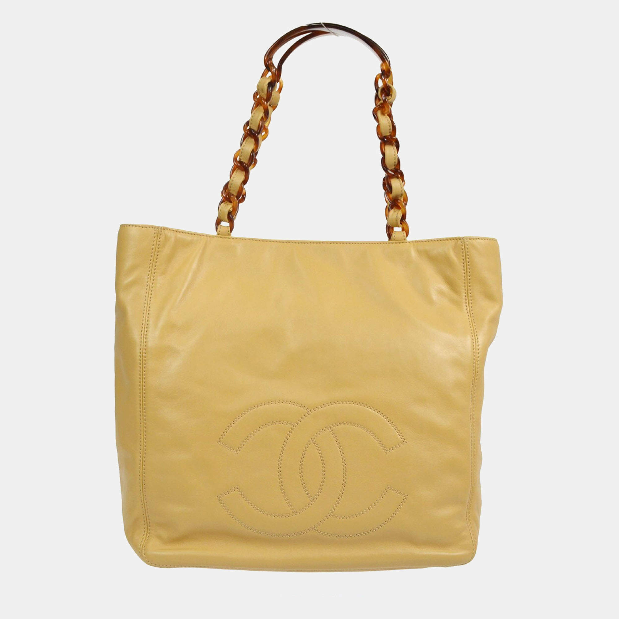 Chanel Beige Lambskin Plastic Chain Tote Bag