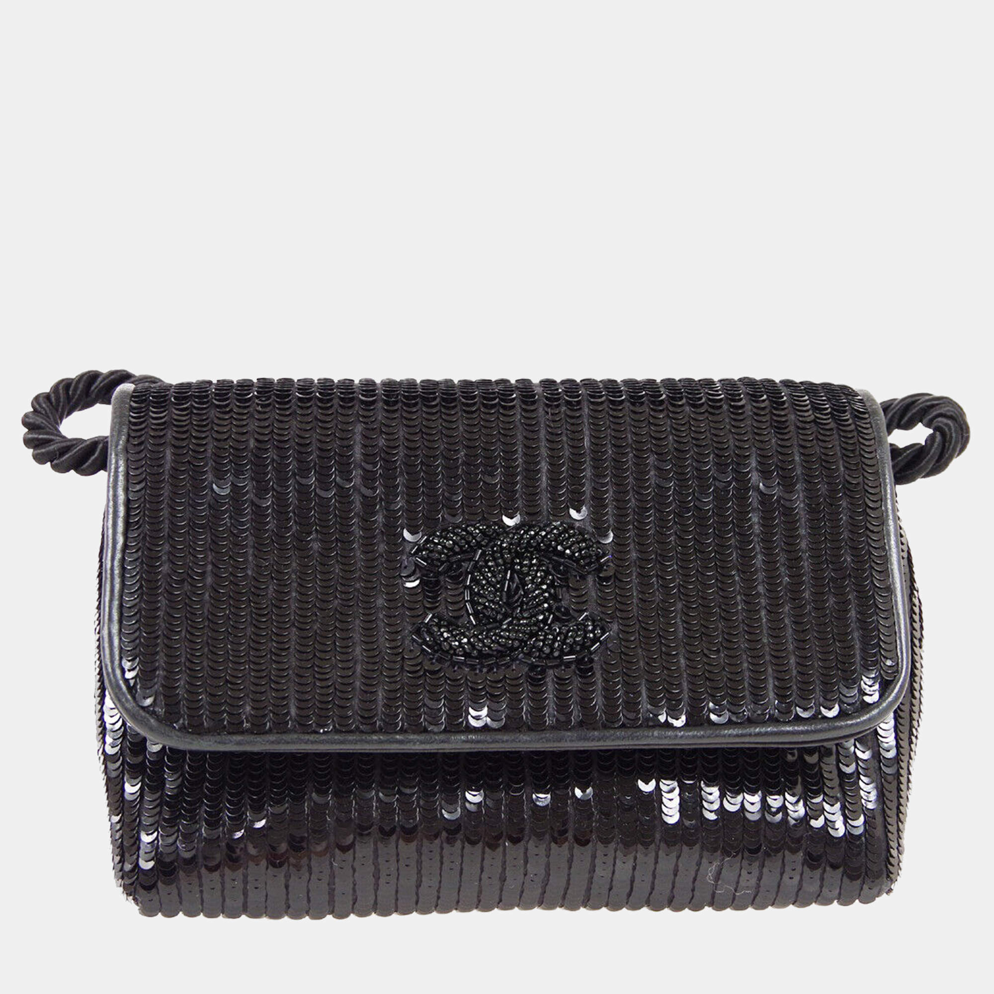 Pre Owned Chanel Black Sequined Beaded Mini Flap Shoulder Bag