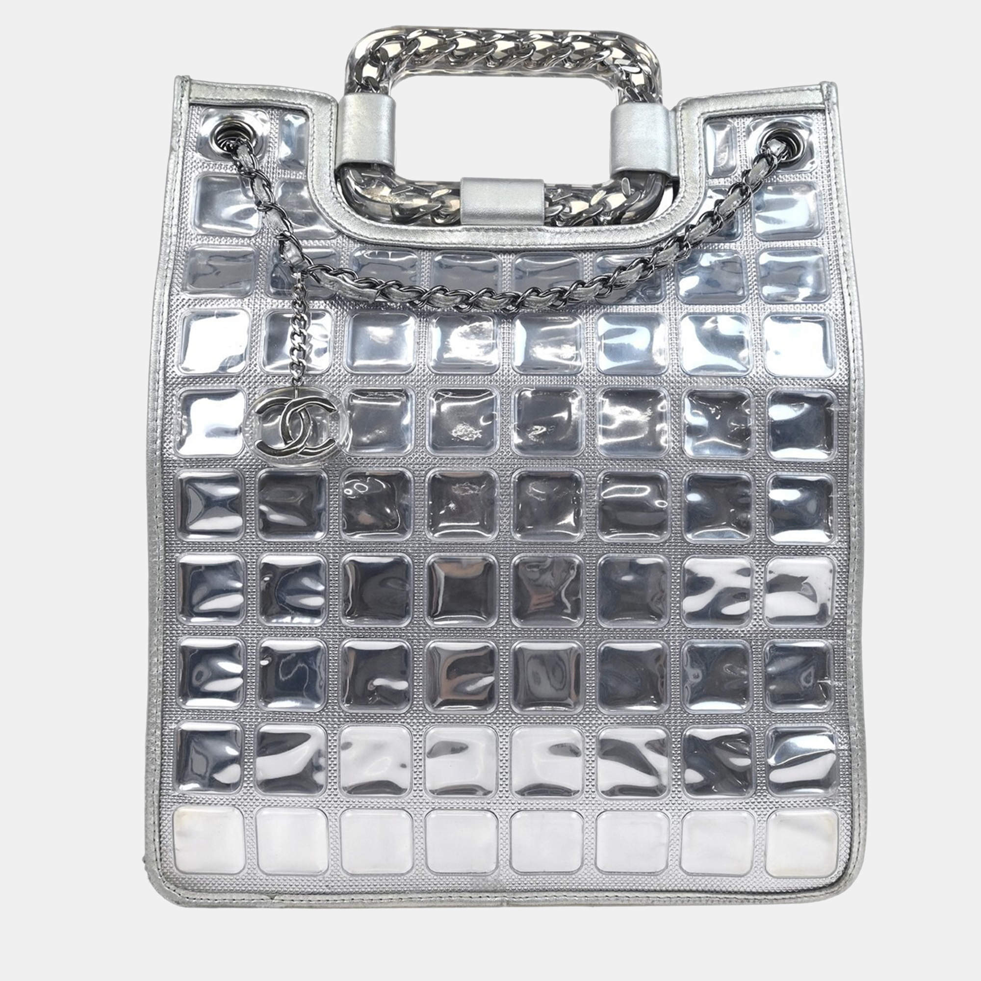 Chanel Silver Vinyl and Leather Ice Cube Tote Bag