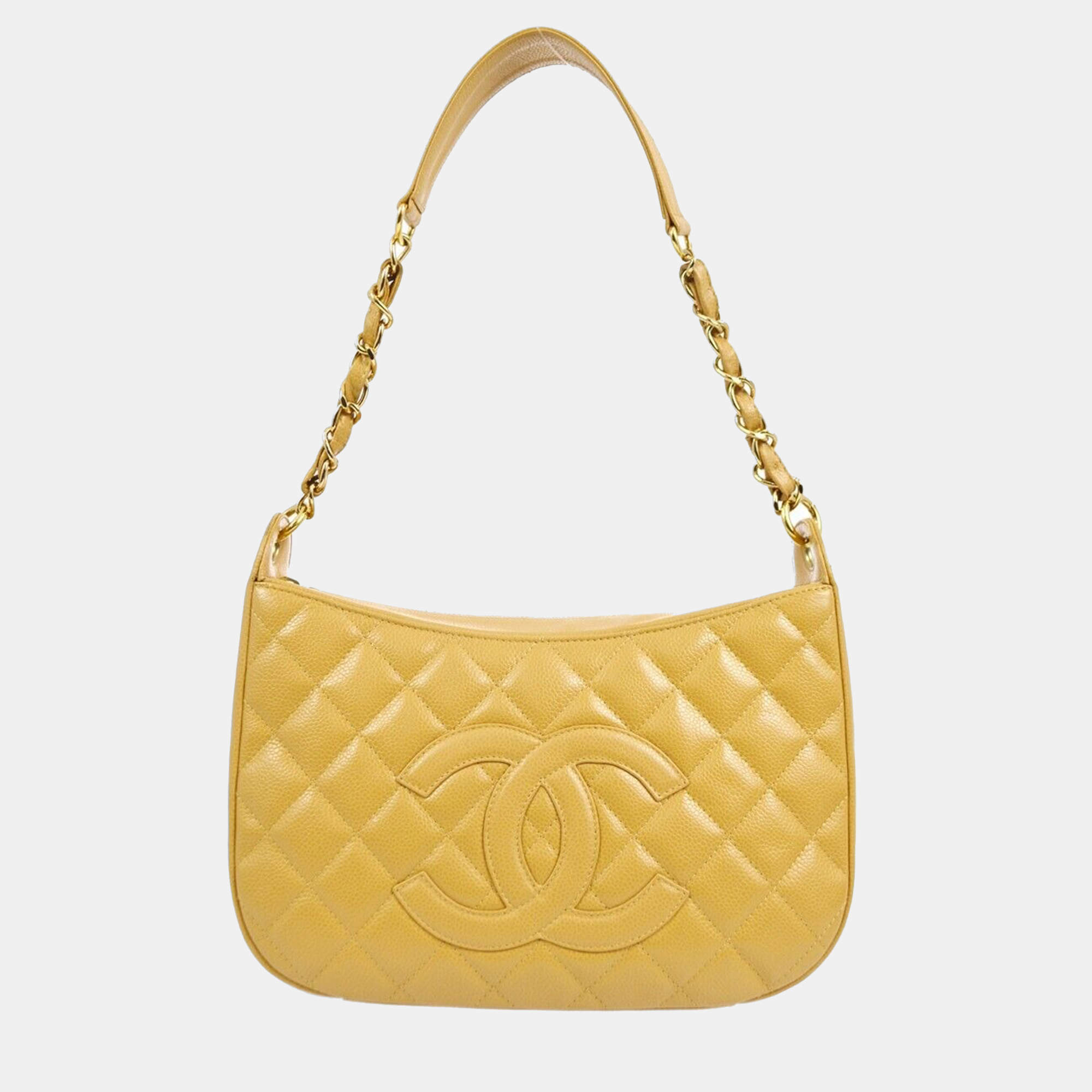 Pre Owned Chanel Beige Calfskin Chain CC Shoulder Bag
