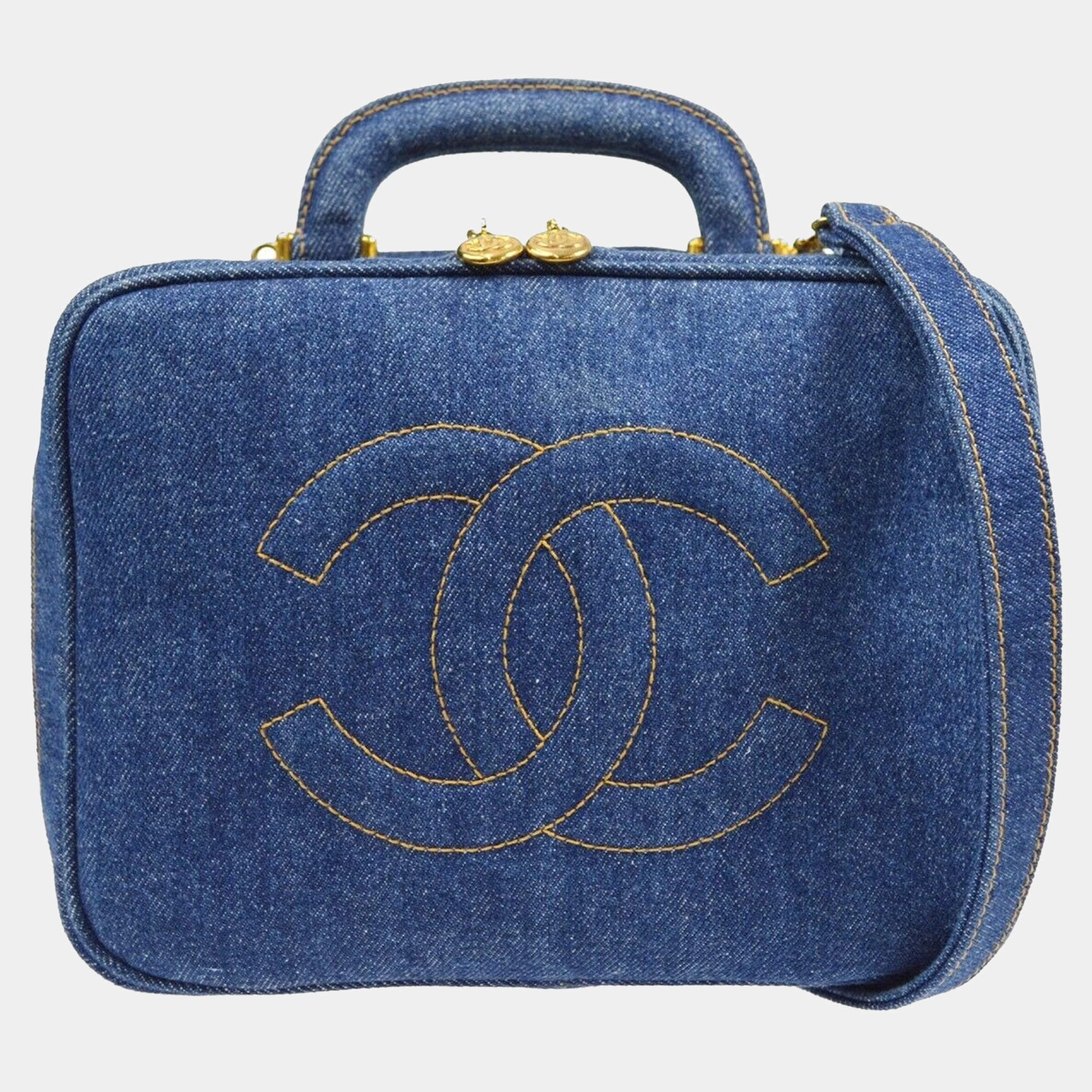 Pre Owned Chanel Blue Denim Timeless Lunch Box Vanity Handbag