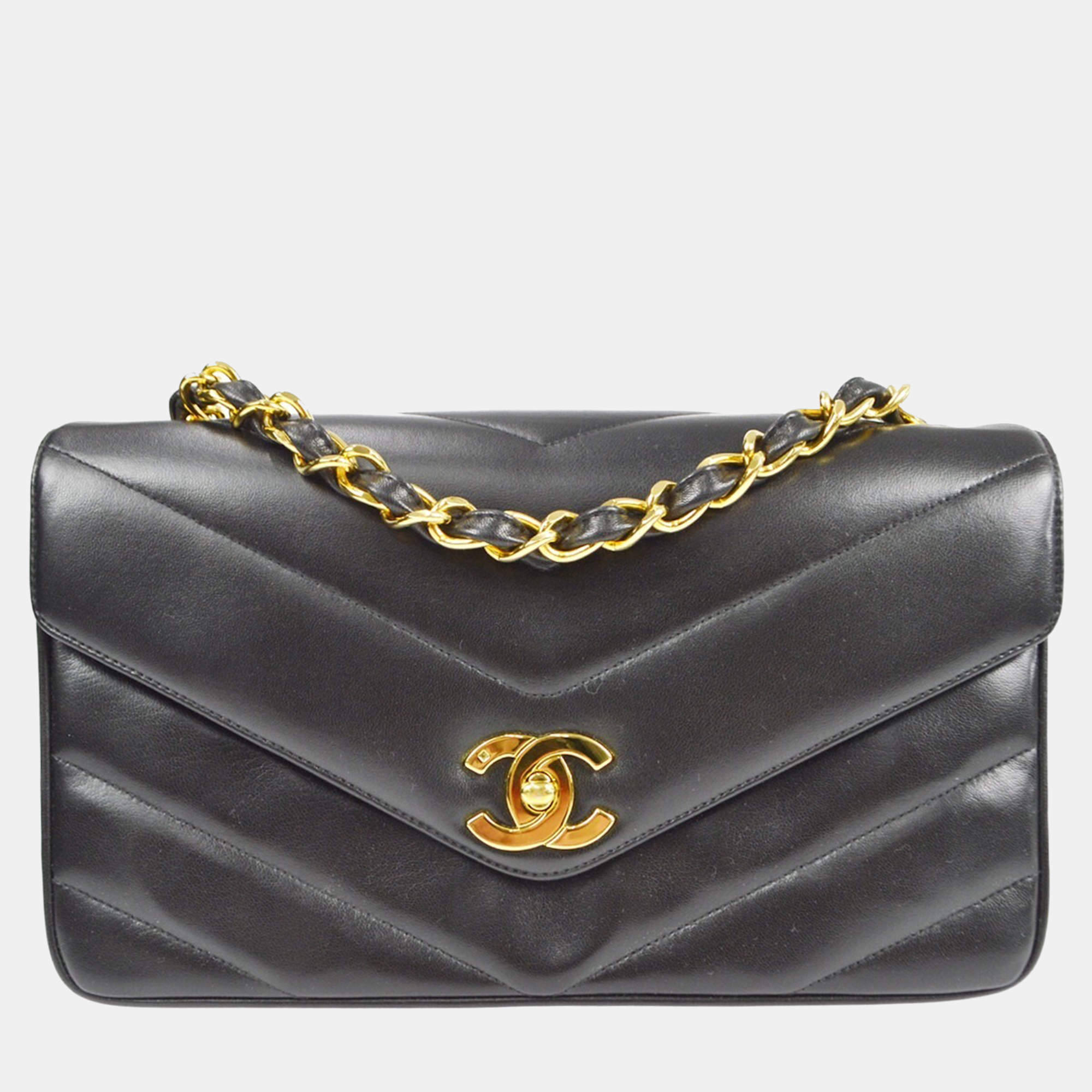 Chanel Black Lambskin Chevron Chain Shoulder Bag 