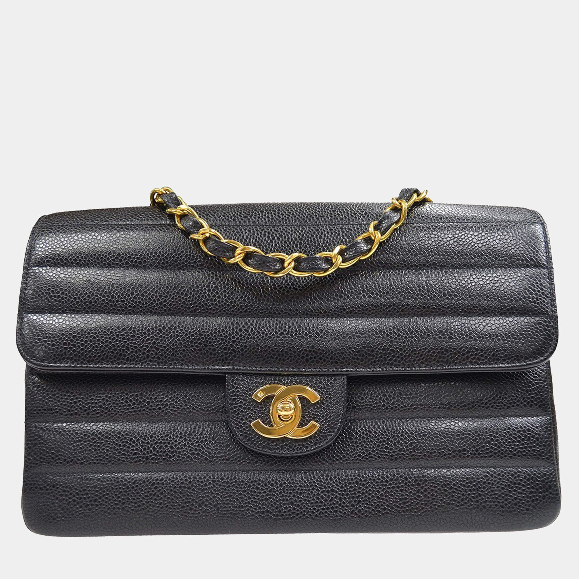 Pre Owned Chanel Black Calfskin Medium Classic Single Flap Double Chain Shoulder Bag
