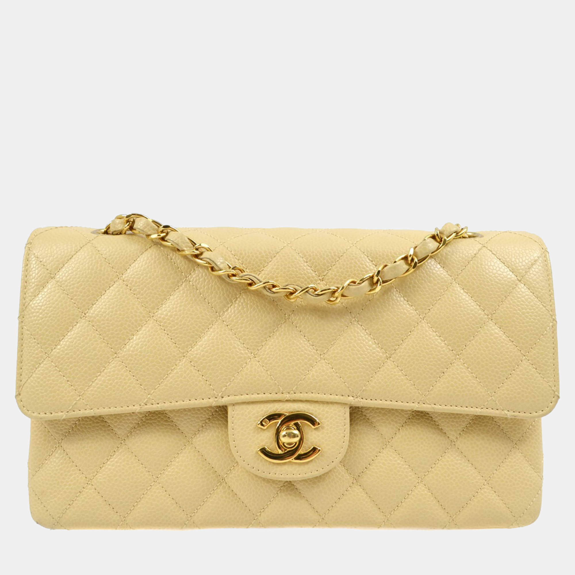 Pre Owned Chanel Beige Calfskin Medium Classic Double Flap Shoulder Bag