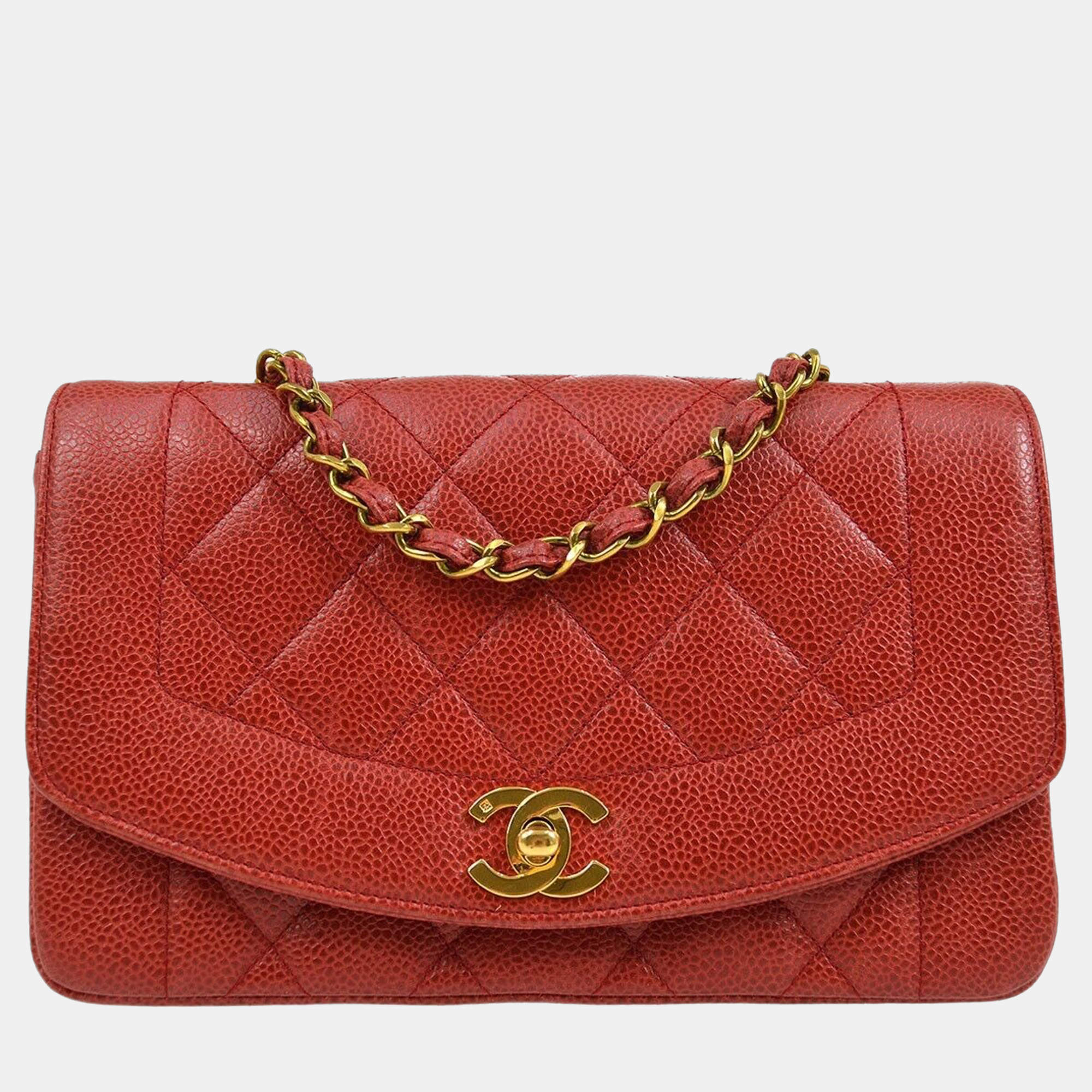 Pre Owned Chanel Red Calfskin Small Diana Single Chain Shoulder Bag