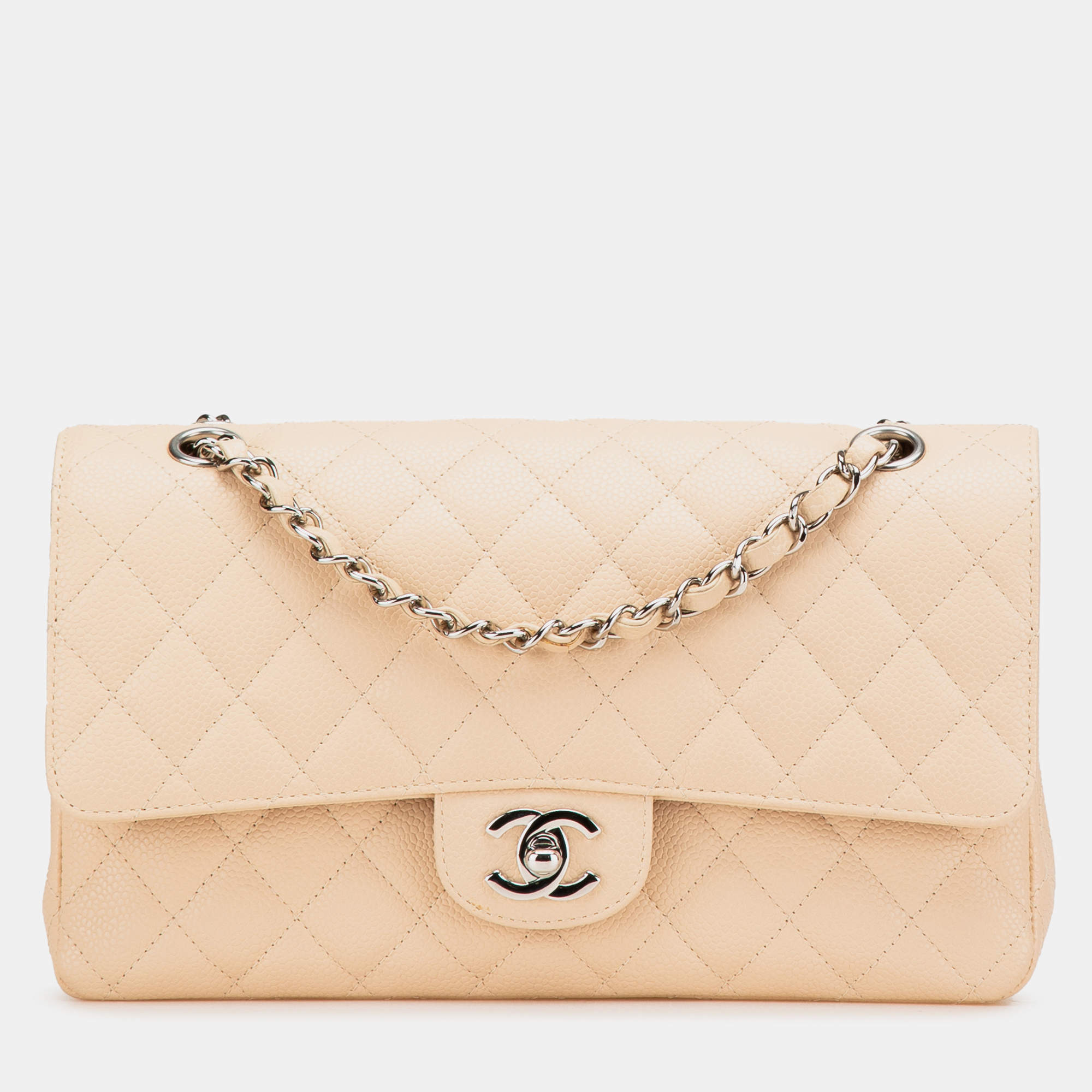 Pre Owned Chanel Beige Medium Classic Caviar Double Flap