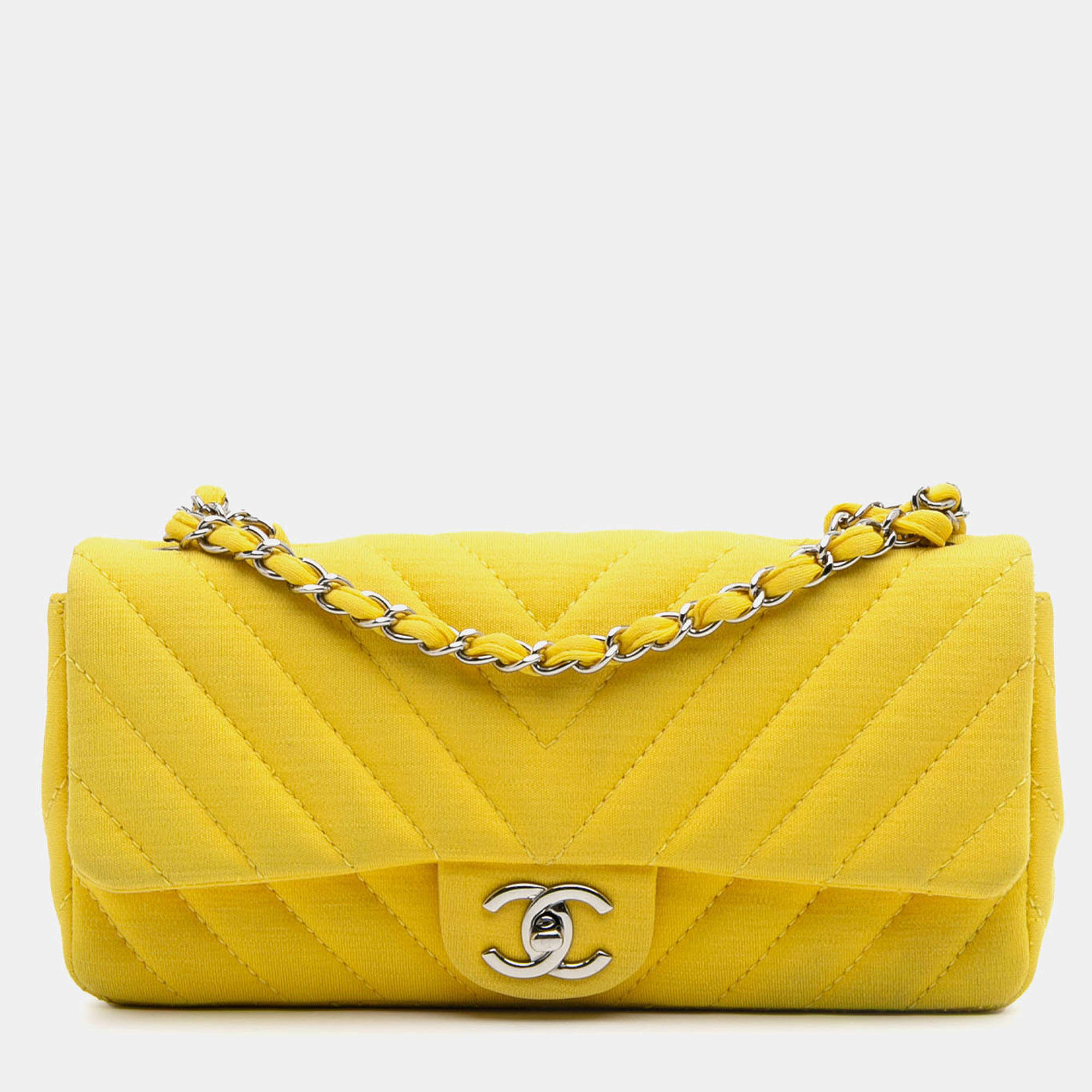 Pre Owned Chanel Yellow Chevron Jersey East West Flap
