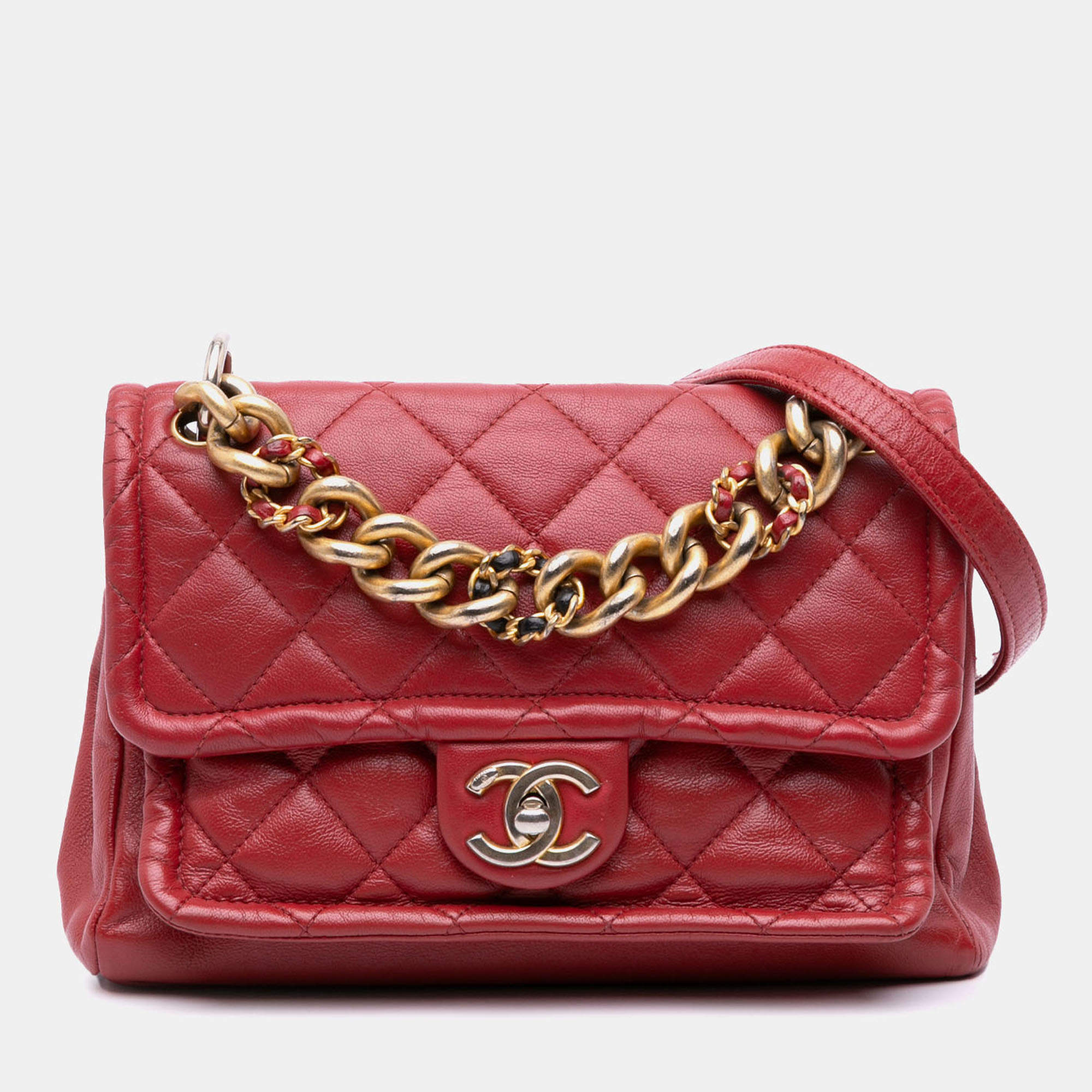 Pre Owned Chanel Red Small Quilted Lambskin Chain Link Flap
