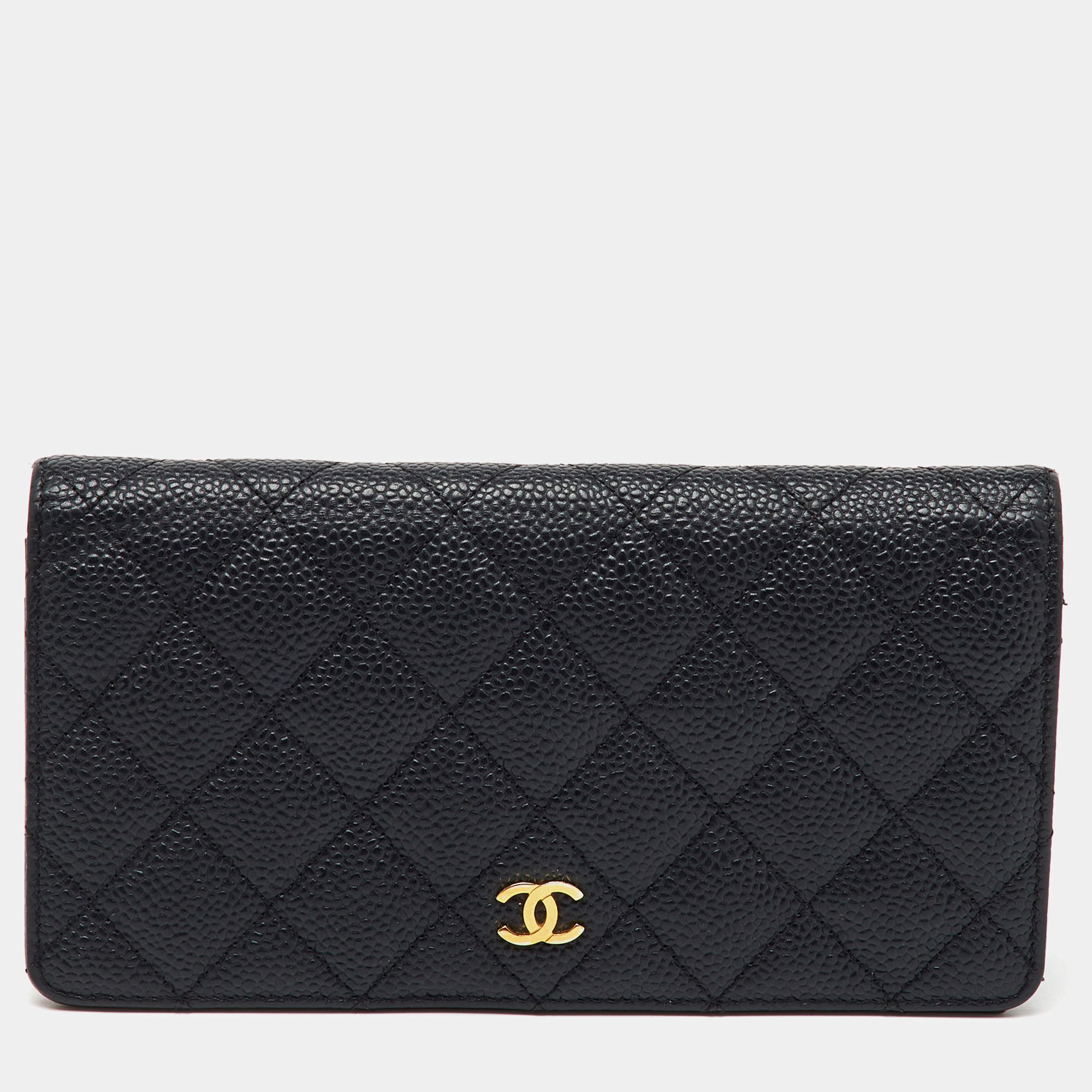 Chanel Black Quilted Caviar Leather CC L-Yen Continental Wallet