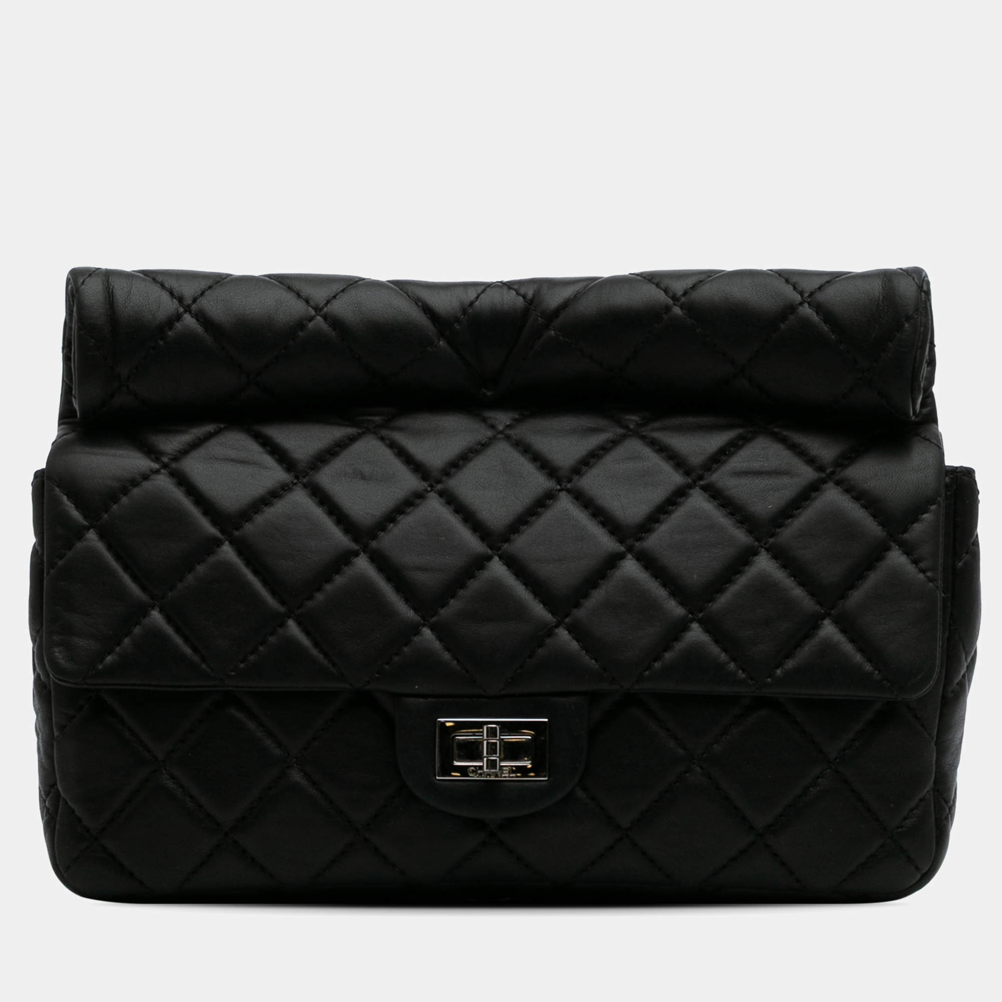Pre Owned Chanel Black Reissue 2.55 Metallic Lambskin Roll Clutch