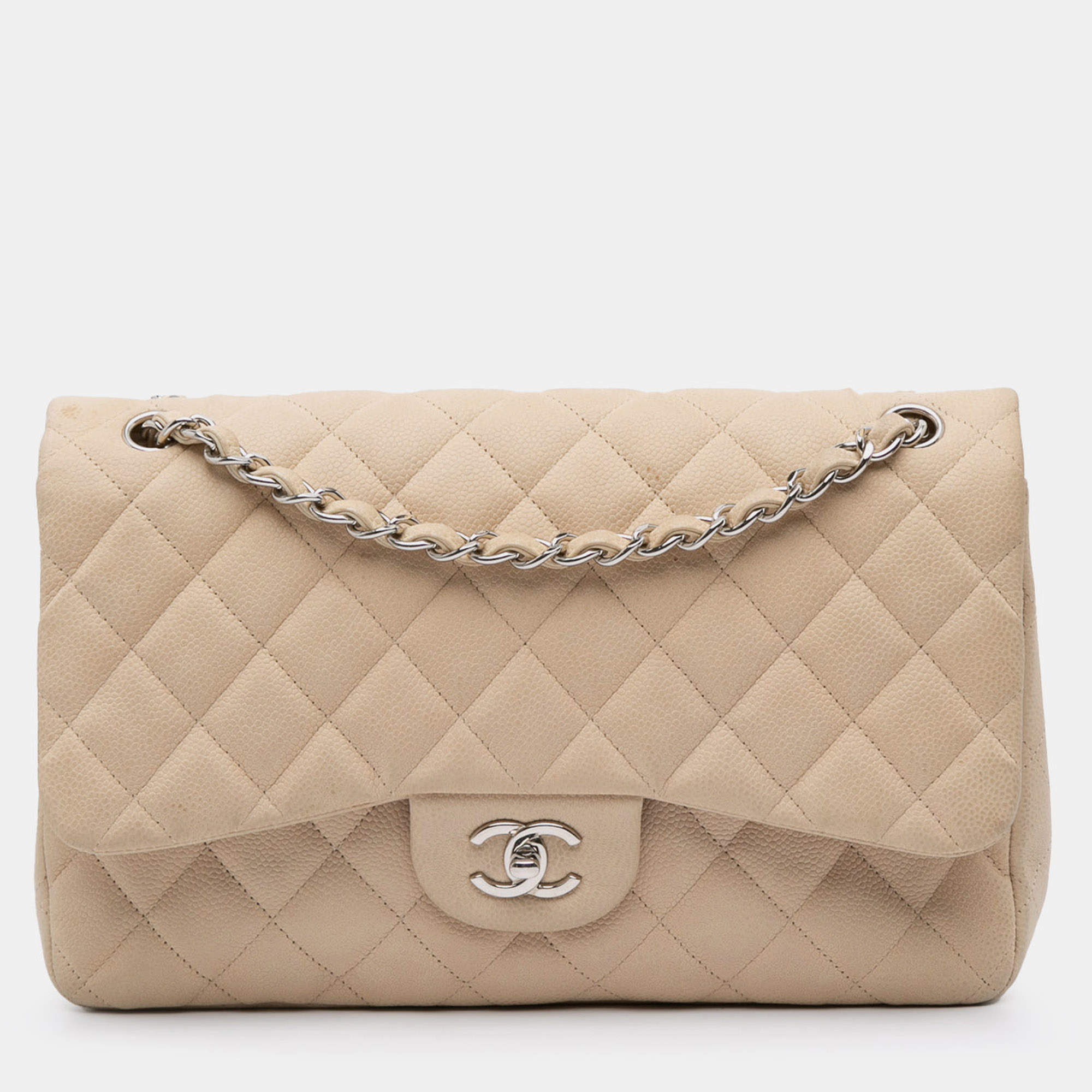 Pre Owned Chanel Beige Jumbo Classic Caviar Double Flap