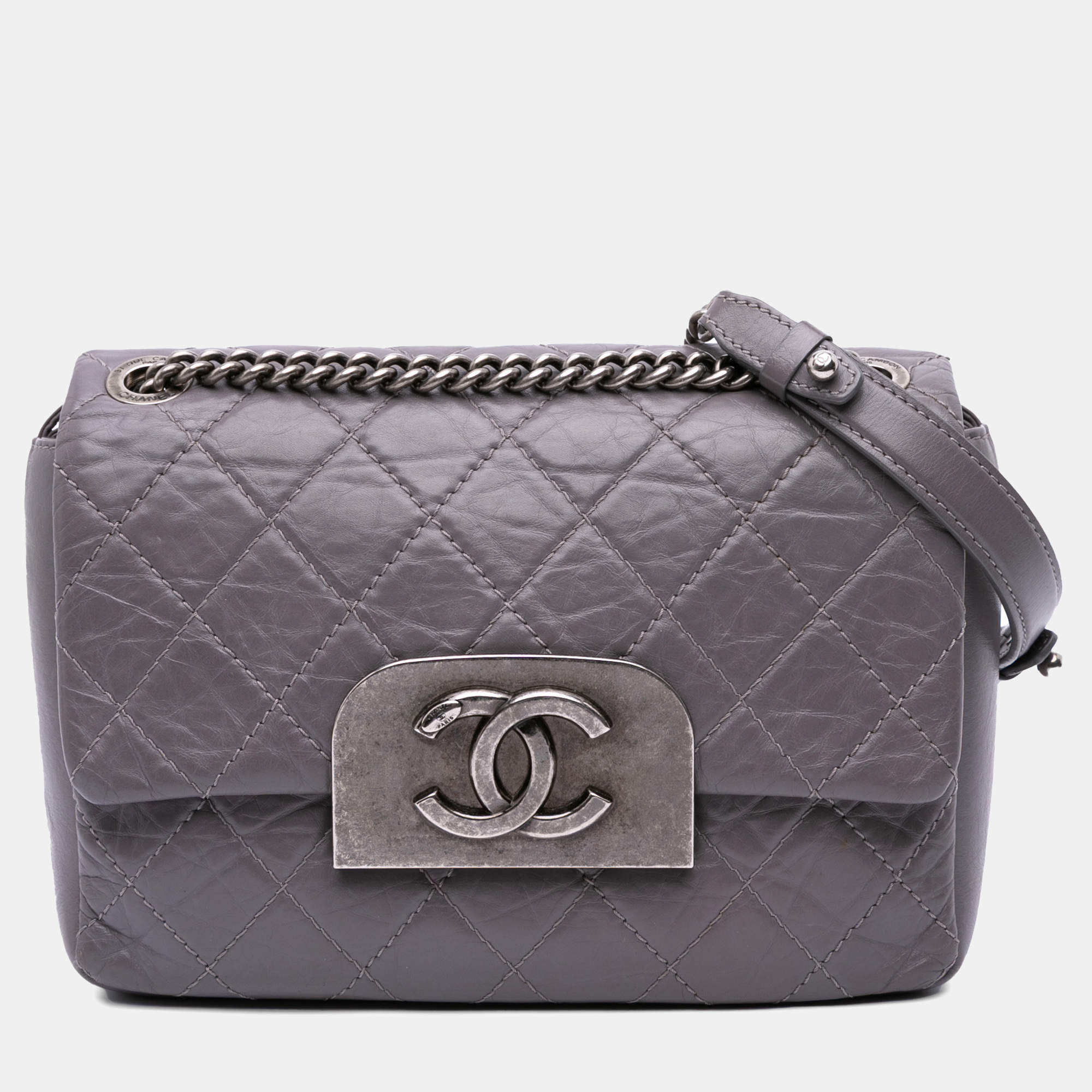 Pre Owned Chanel Purple Quilted Aged Calfskin CC Square Flap