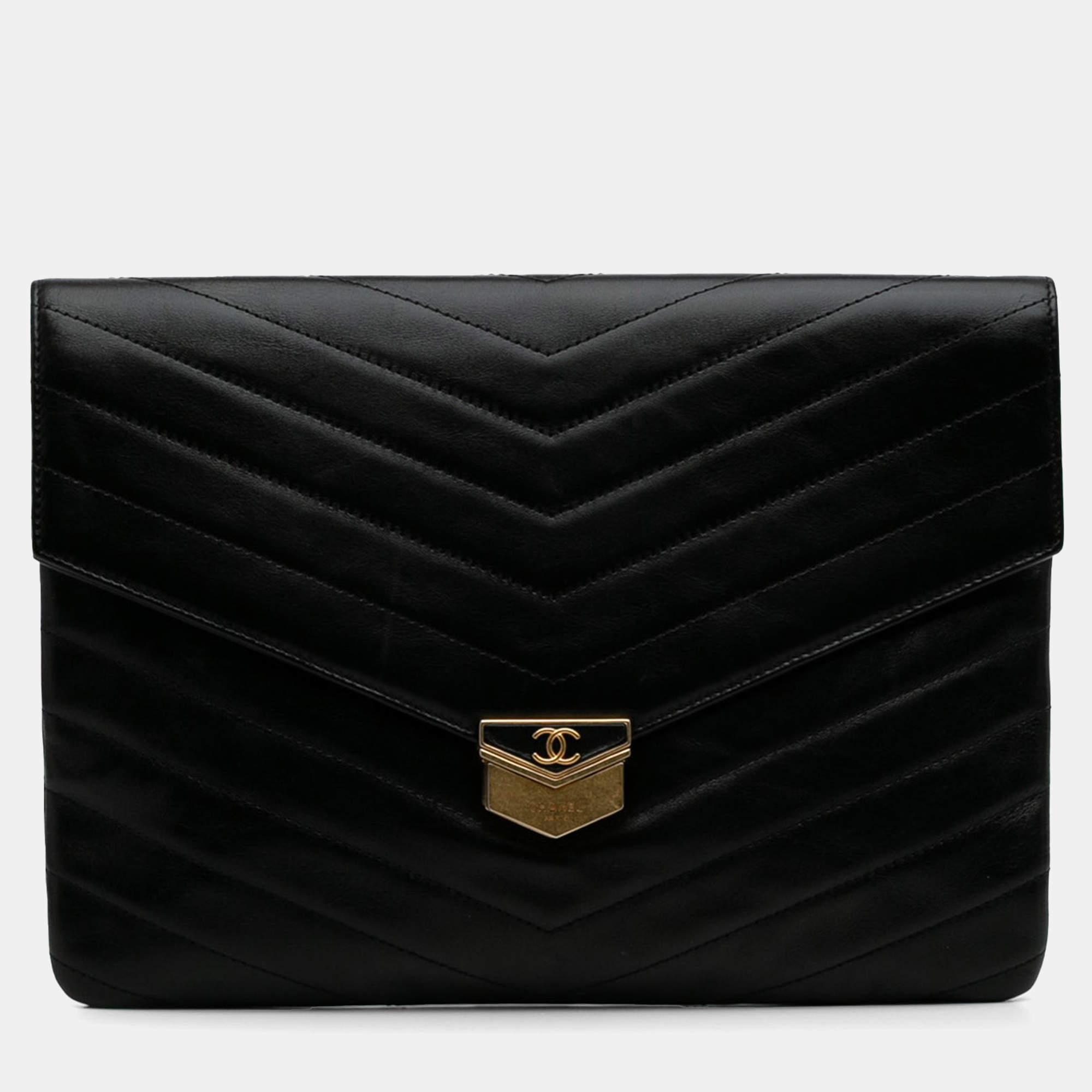 Chanel Black Paris Hamburg Chevron Lambskin Clutch