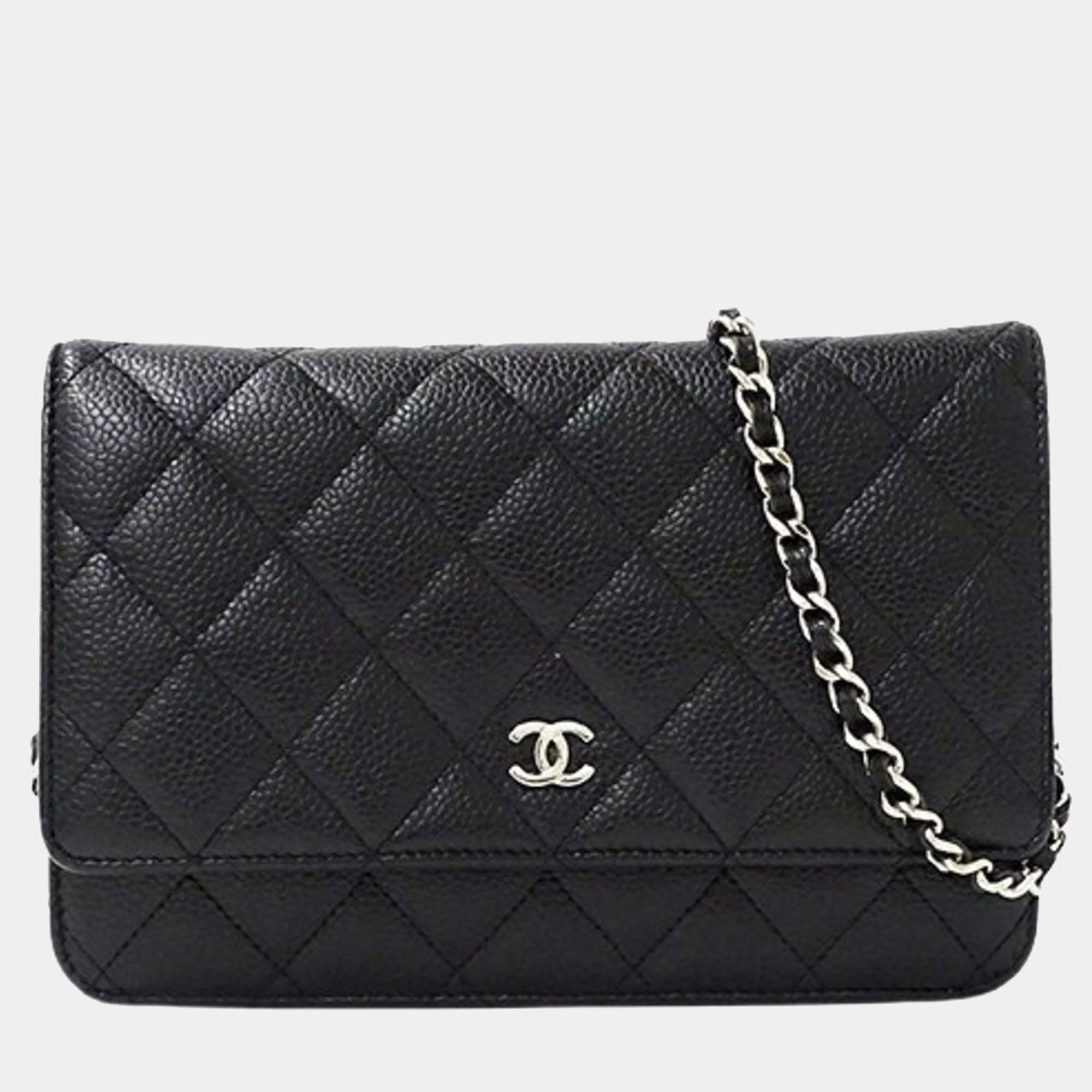 Chanel Black Caviar Leather Quilted Classic Wallet On Chain