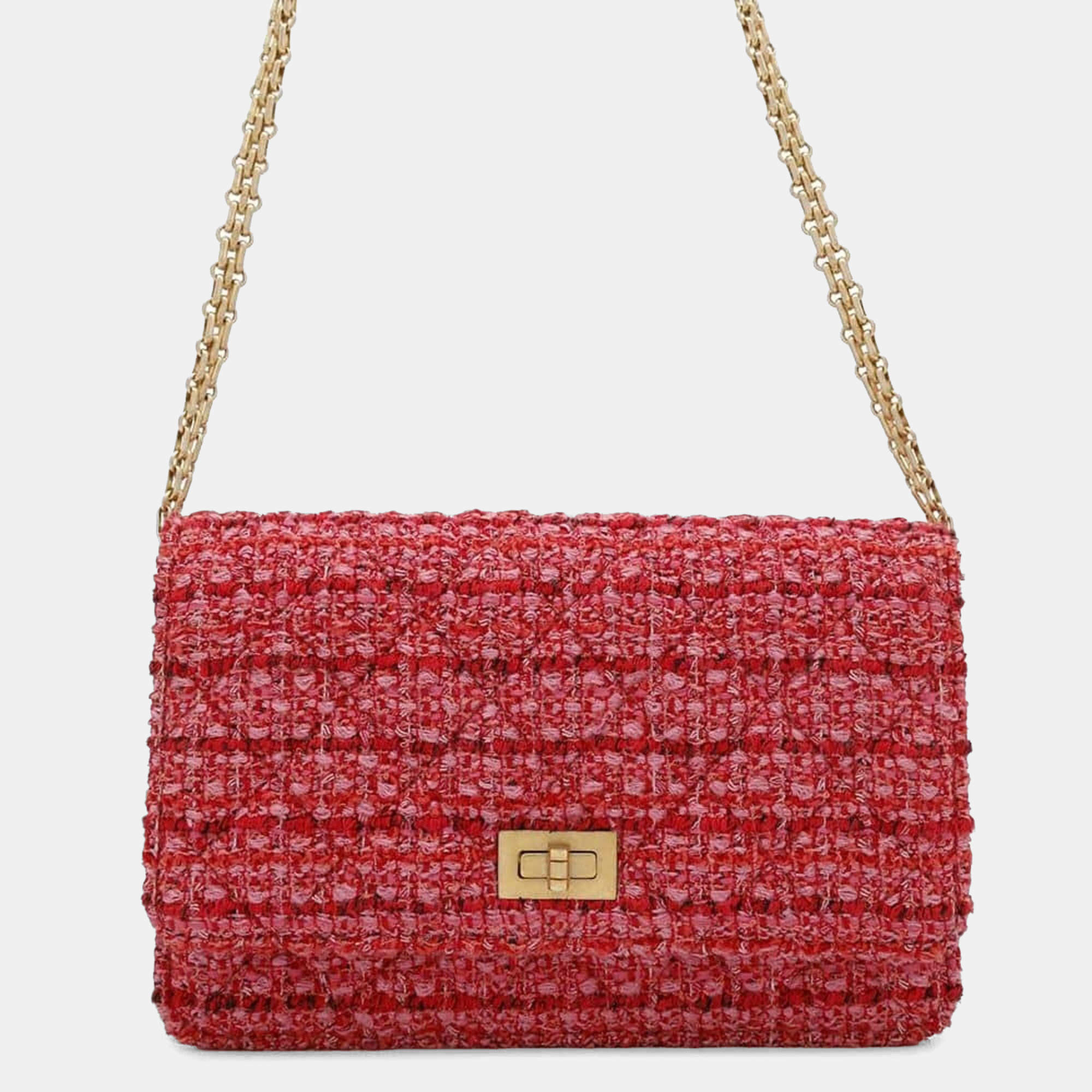 Chanel Red/Pink Multicolor Tweed Quilted Reissue Wallet On Chain 