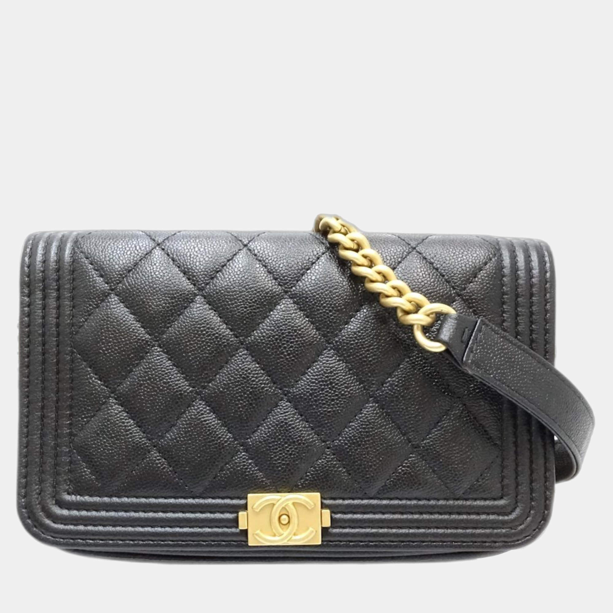  Chanel Black Caviar Skin Boy Wallet On Chain 