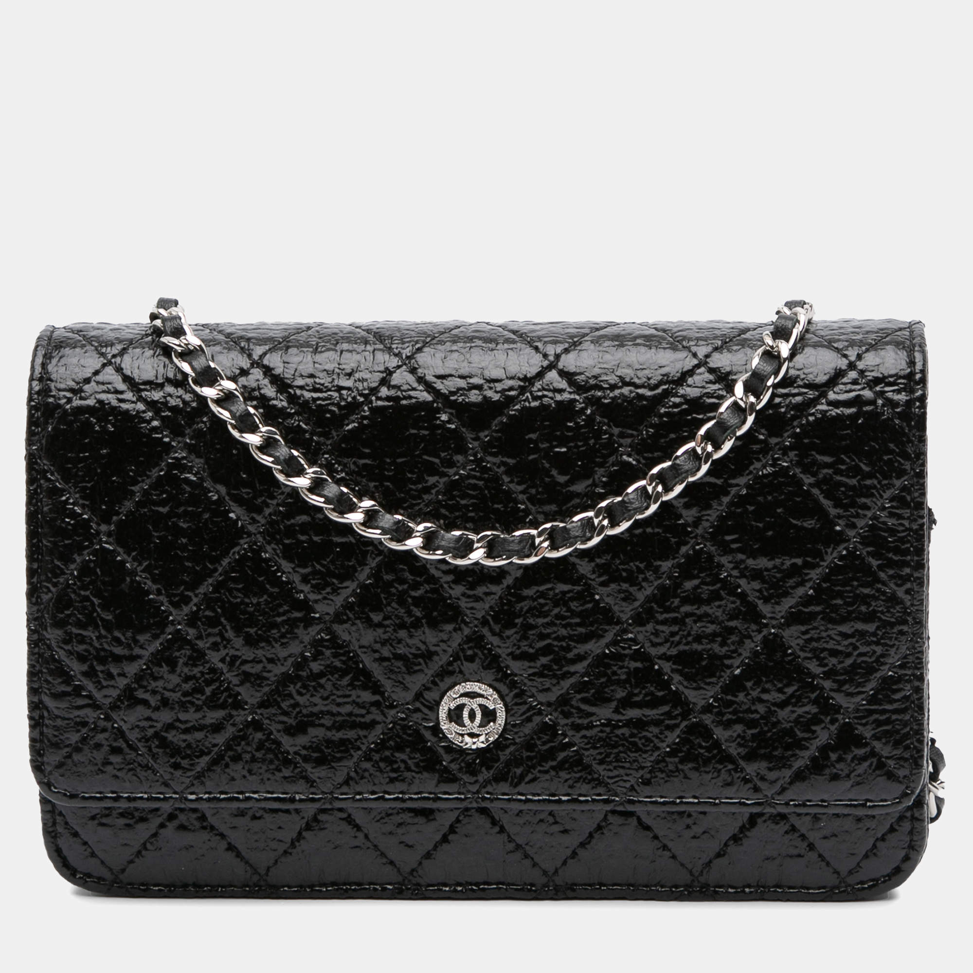 Chanel Black CC Quilted Crinkled Patent Wallet On Chain