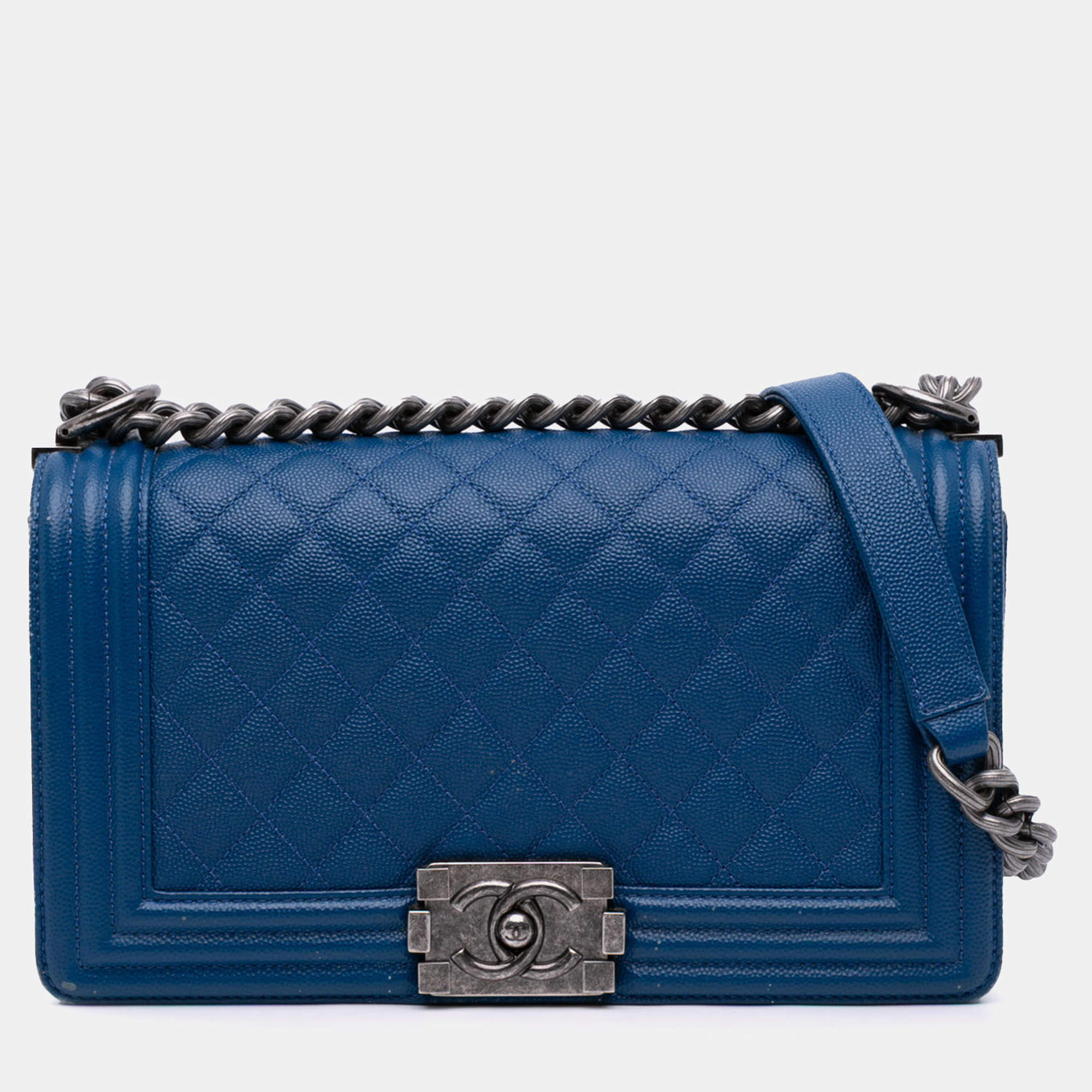 Pre Owned Chanel Blue Old Medium Quilted Caviar Boy Flap