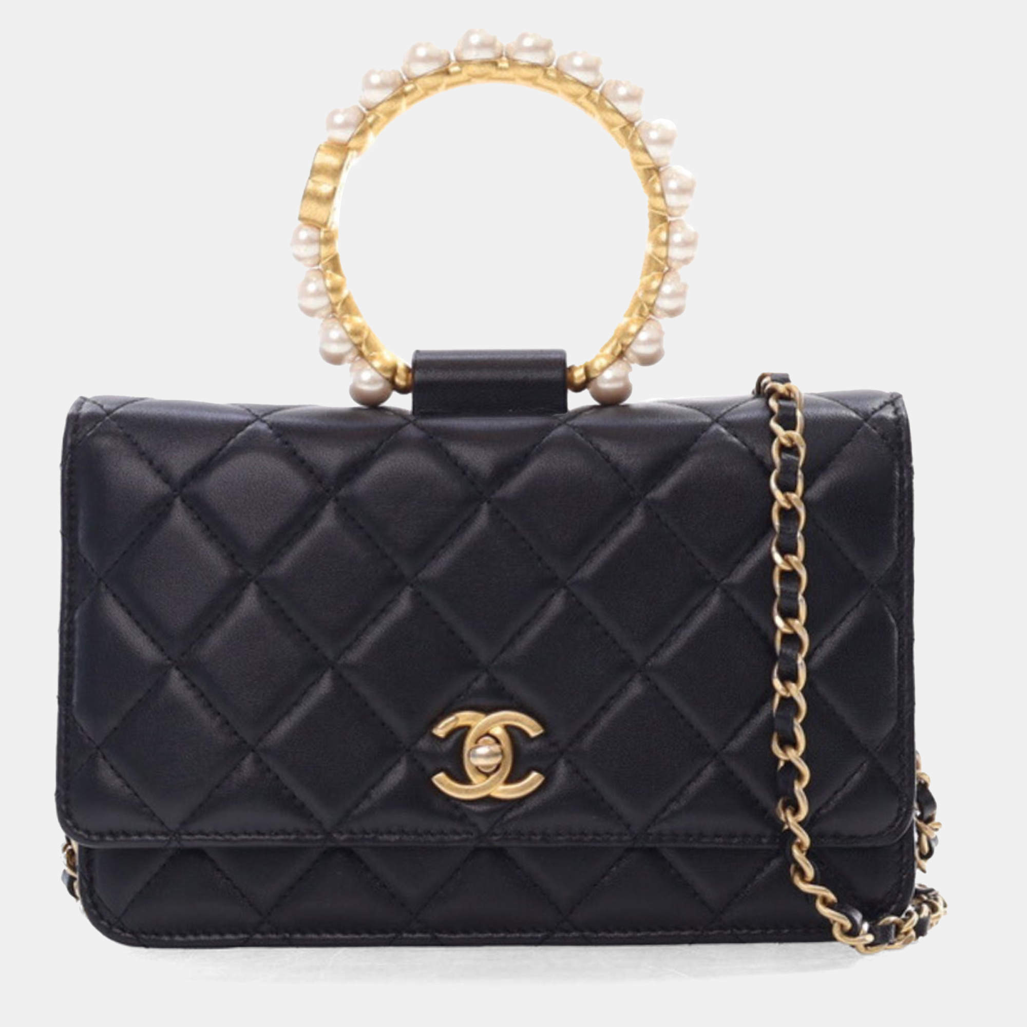 Chanel Black Lambskin Pearl Crown Wallet On Chain (WOC)