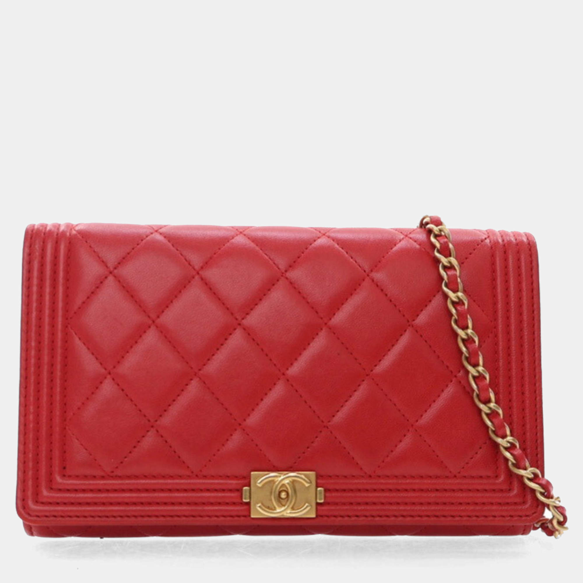 Chanel Red Lambskin Boy Wallet With Chain