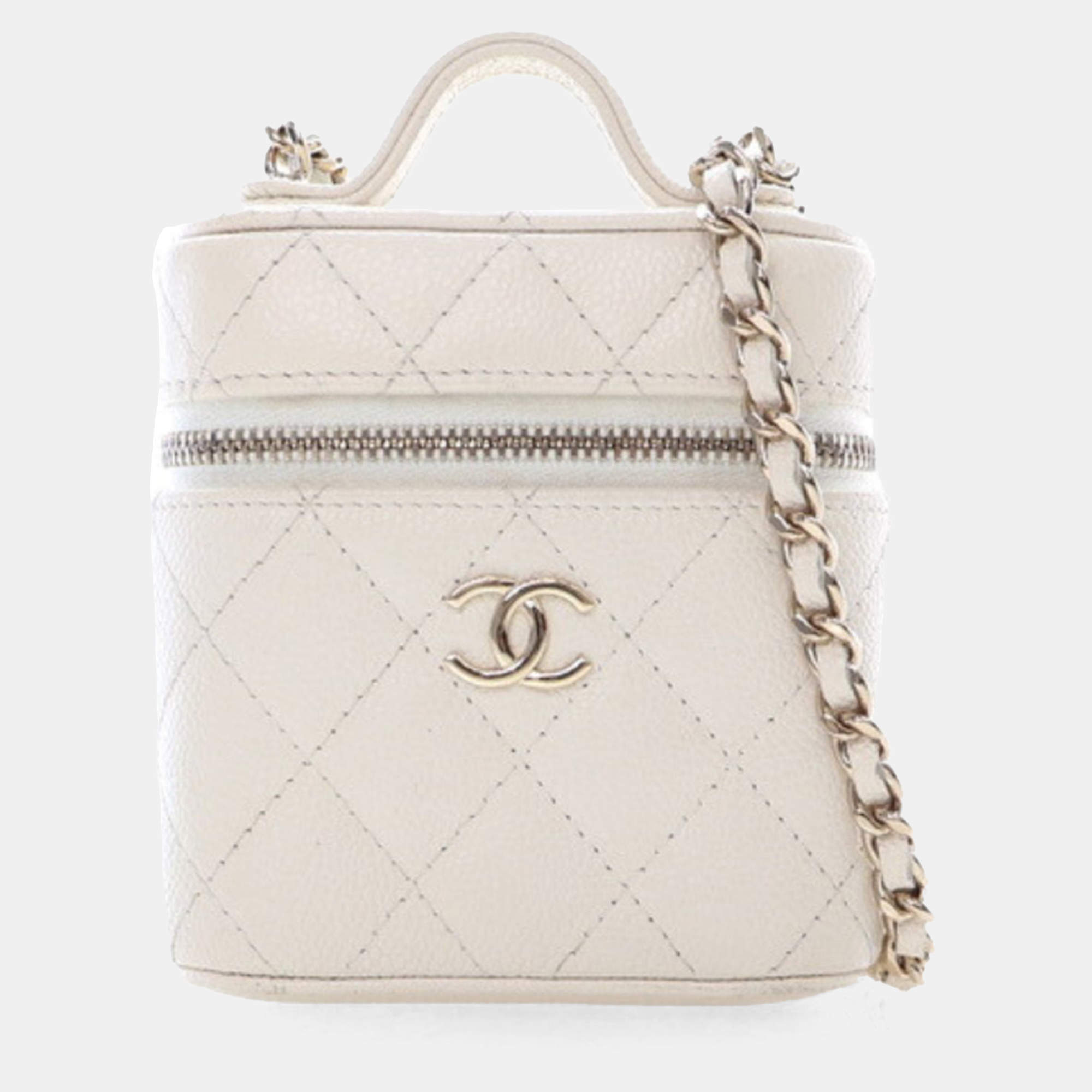 Chanel White Caviar Mini Vanity Case With Chain