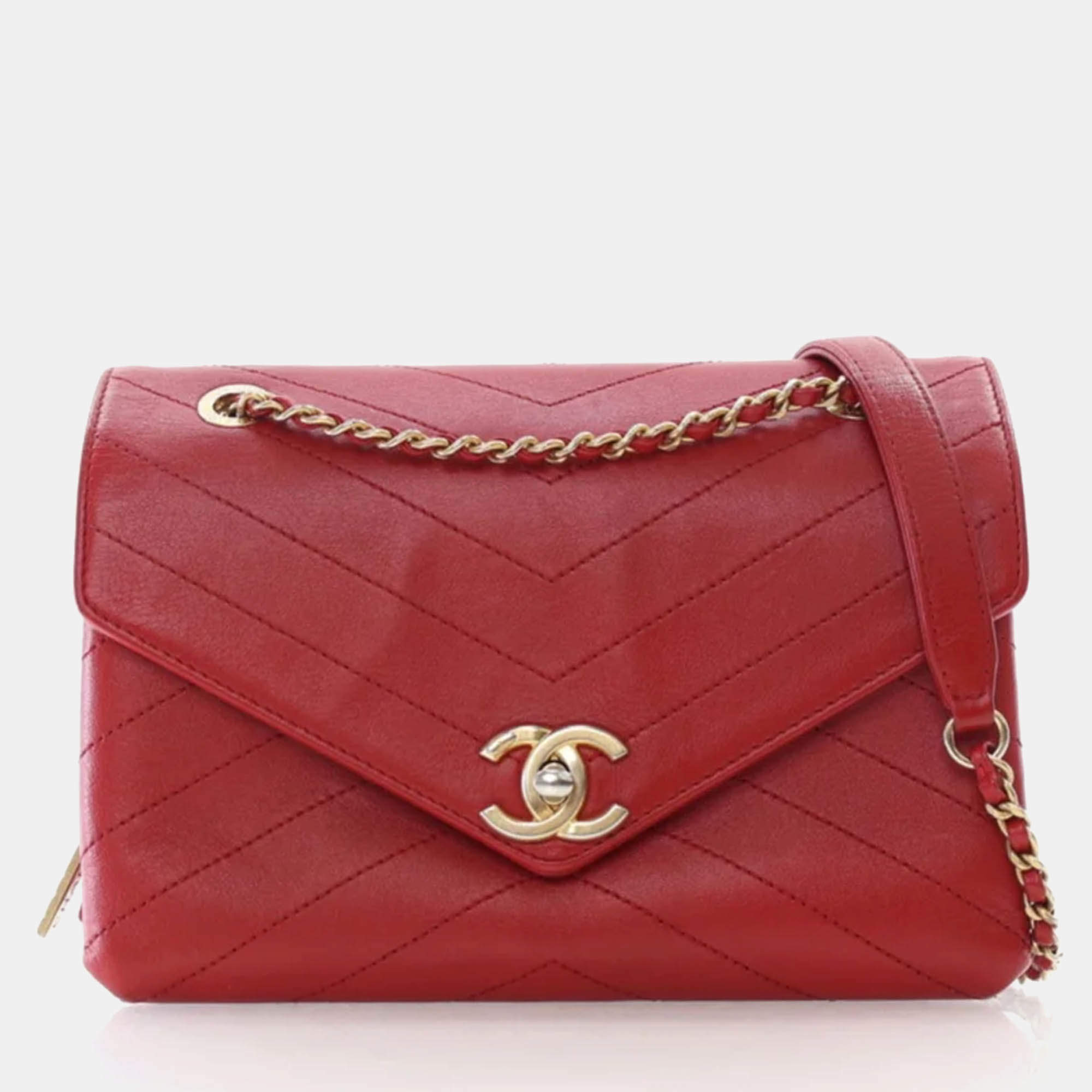 Chanel Red Calfskin Coco Chevron Envelope Small Flap Bag