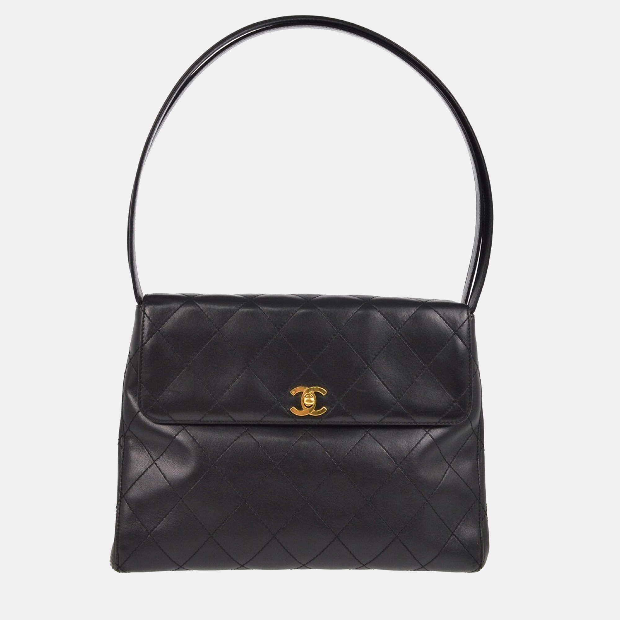 Pre Owned Chanel Black Lambskin Straight Flap Shoulder Bag