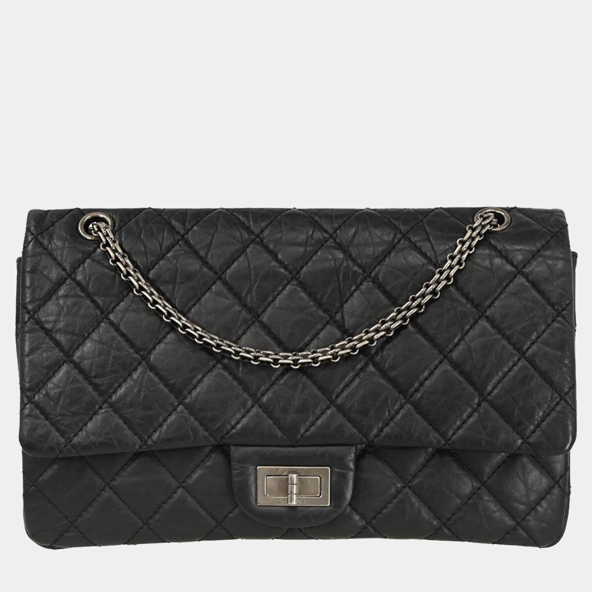 Pre Owned Chanel Black Calfskin 2.55 Jumbo Classic Double Flap Shoulder Bag