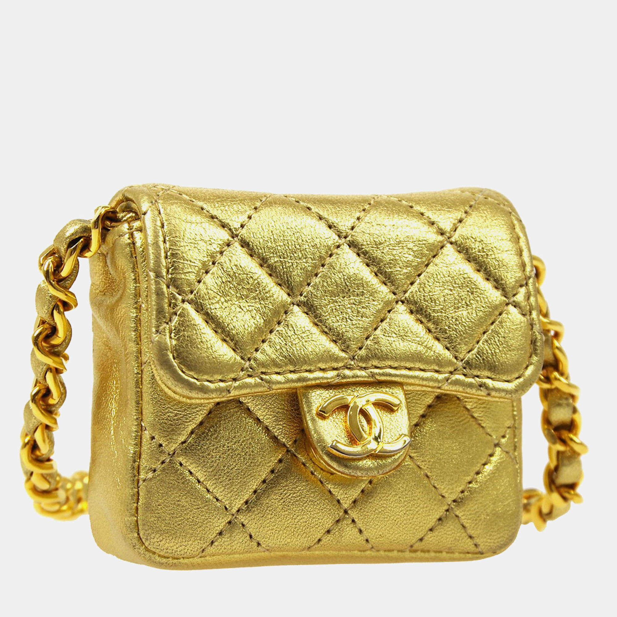 Pre Owned Chanel Gold Lambskin Micro Classic Flap Shoulder Bag