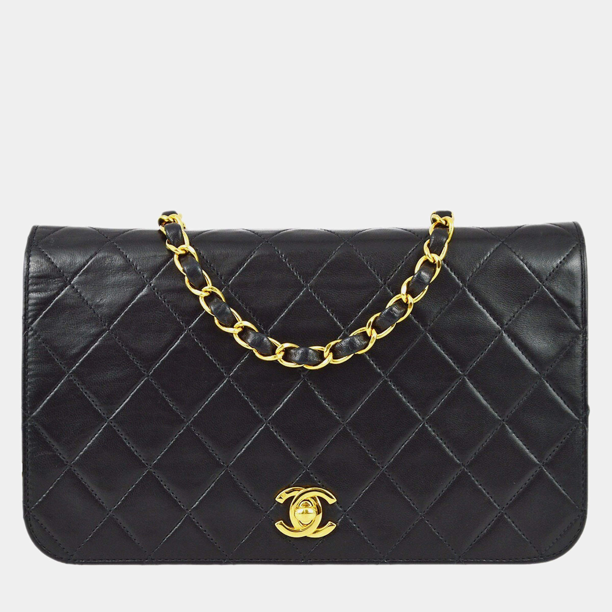 Pre Owned Chanel Black Lambskin Turnlock Small Full Flap Shoulder Bag