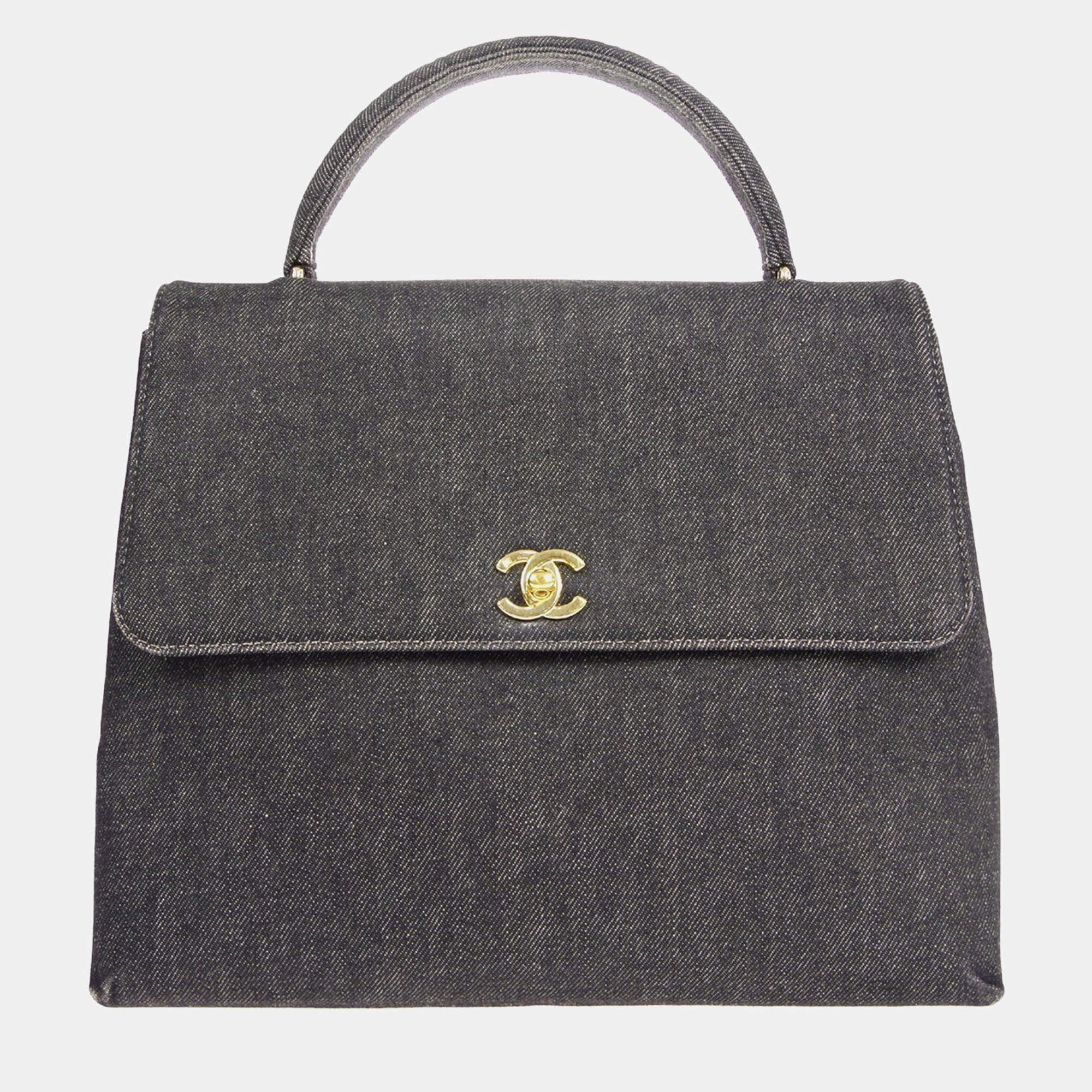 Pre Owned Chanel Black Denim Medium Top Handle Bag 