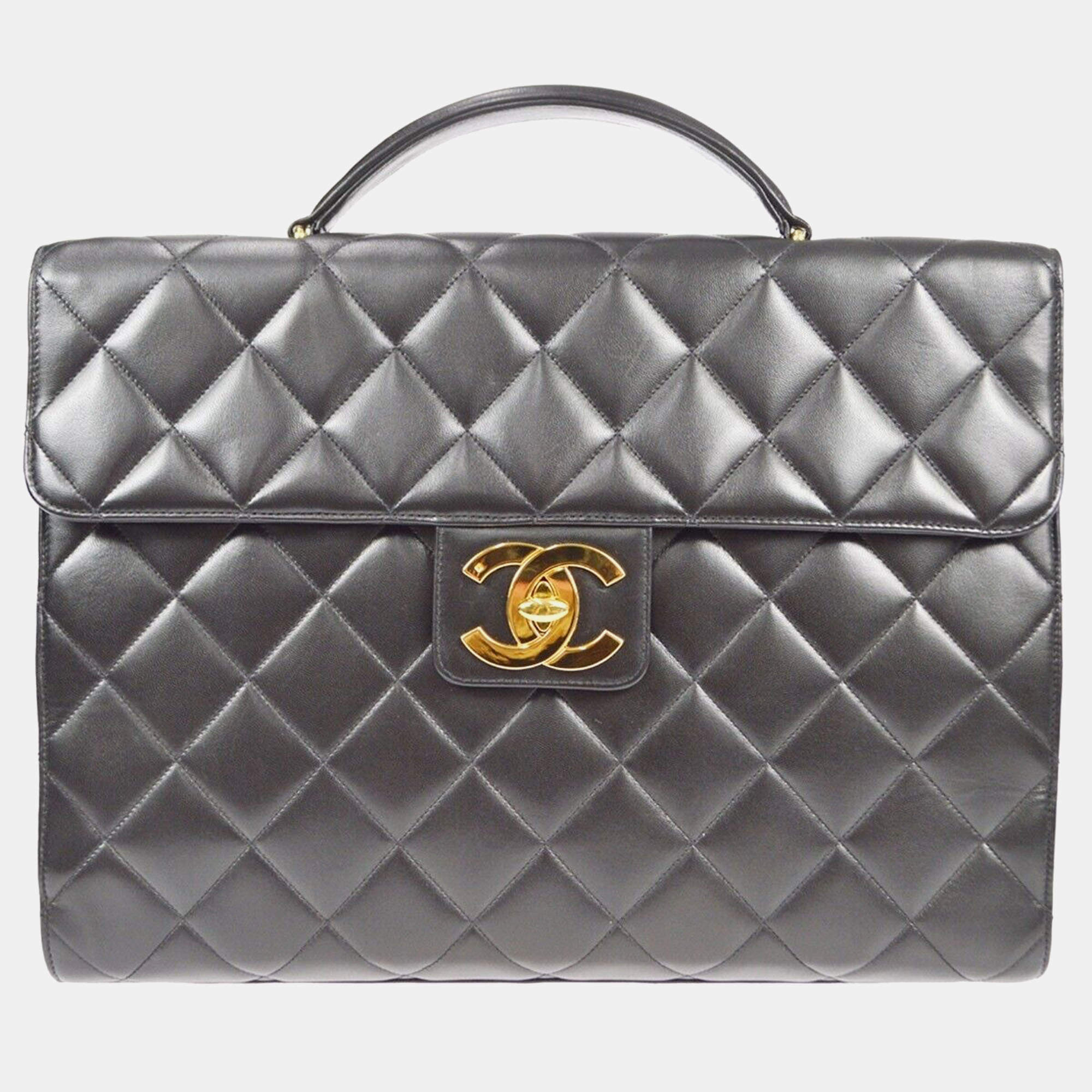 Chanel Black Lambskin Quilted Briefcase Laptop Bag 