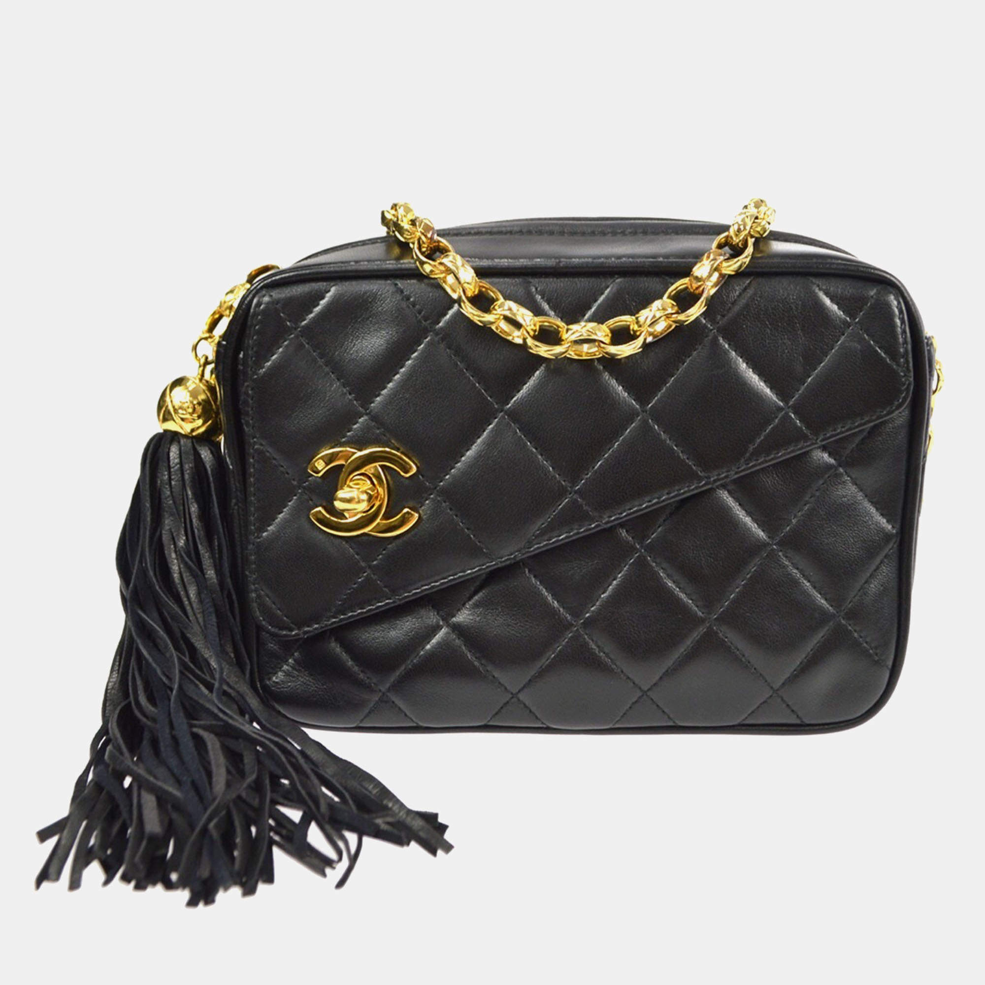 Pre Owned Chanel Black Lambskin Fringe Bijou Chain Shoulder Bag