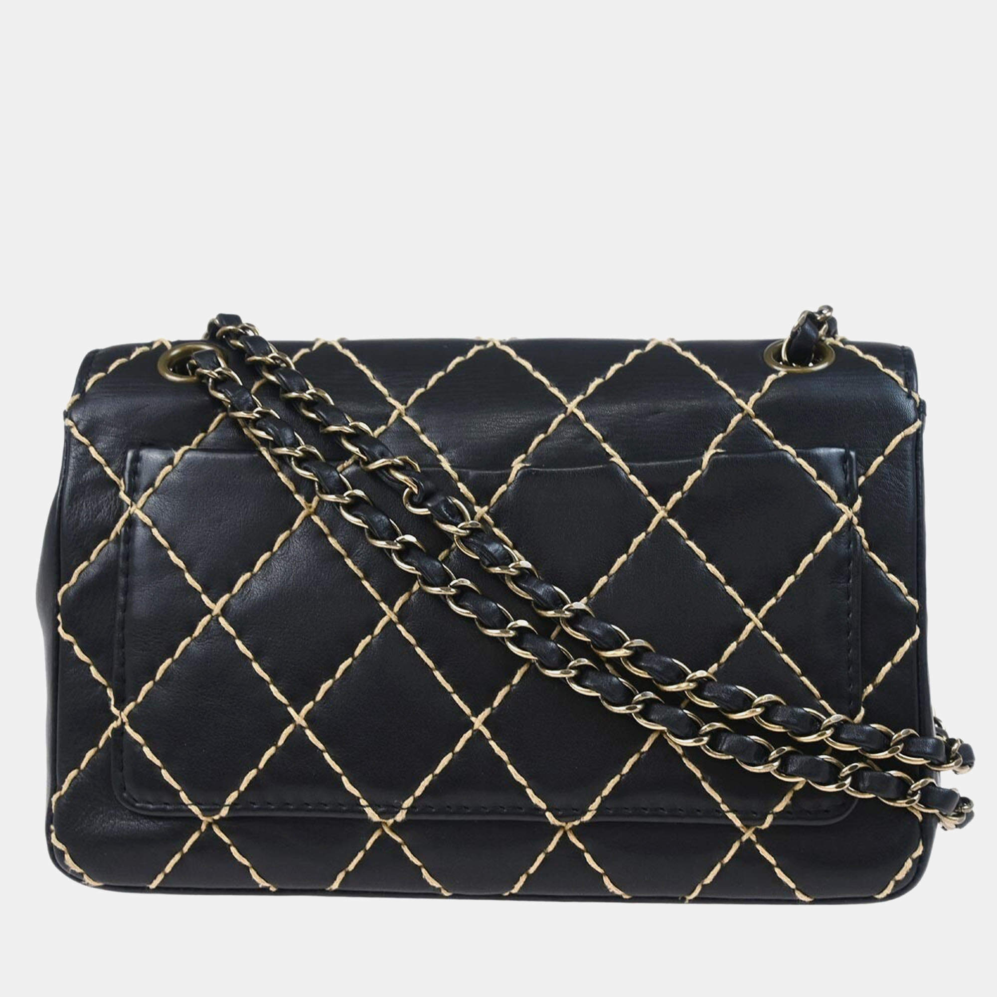 Pre Owned Chanel Black Calfskin Wild Stitch Single Flap Shoulder Bag