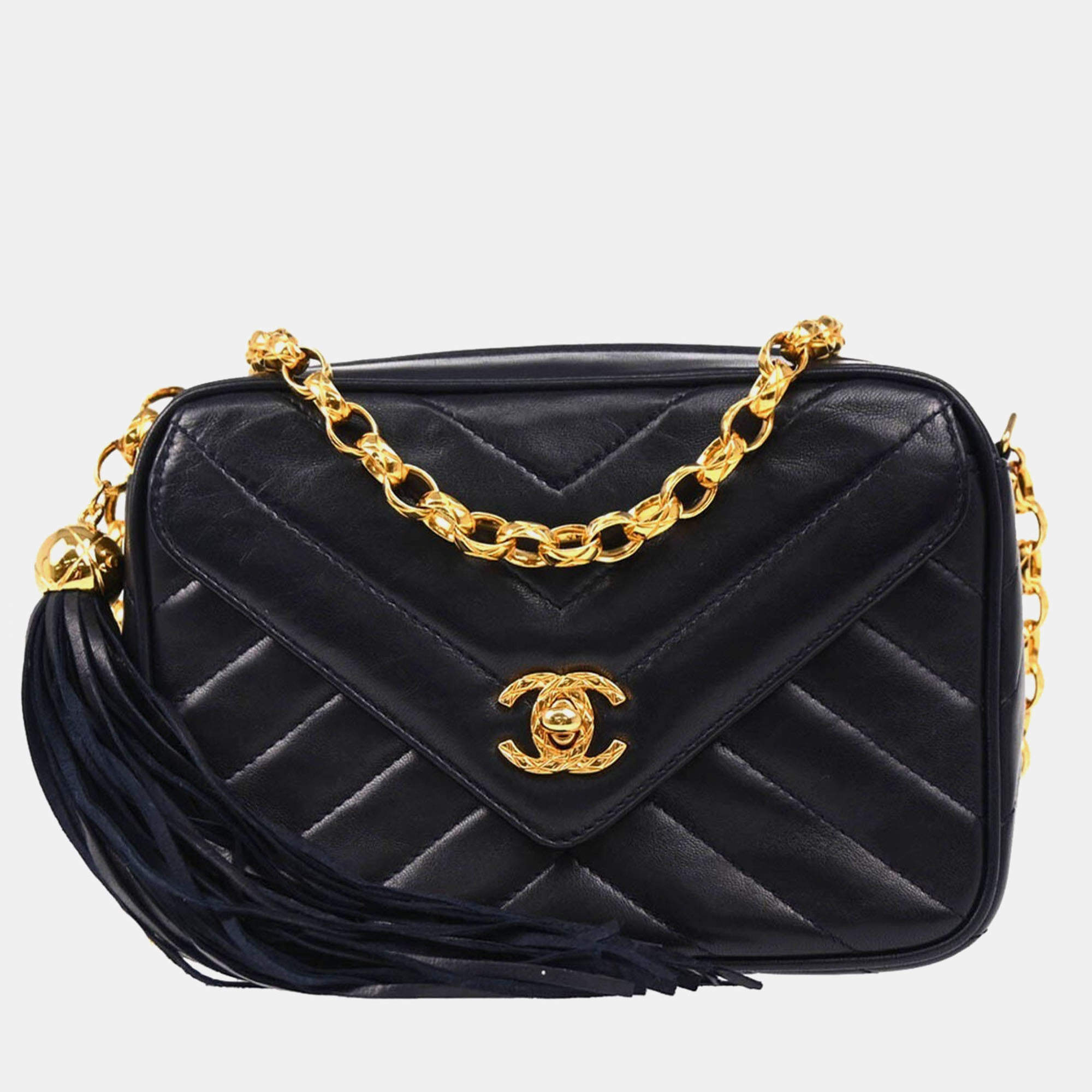 Chanel Navy Chevron Lambskin Vintage Front Pocket Small Camera Bag