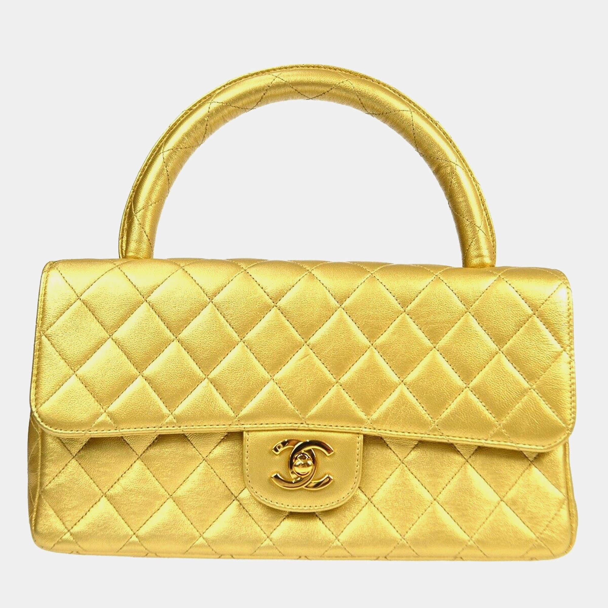 Pre Owned Chanel Gold Lambskin Quilted CC Classic Flap Top Handle Bag