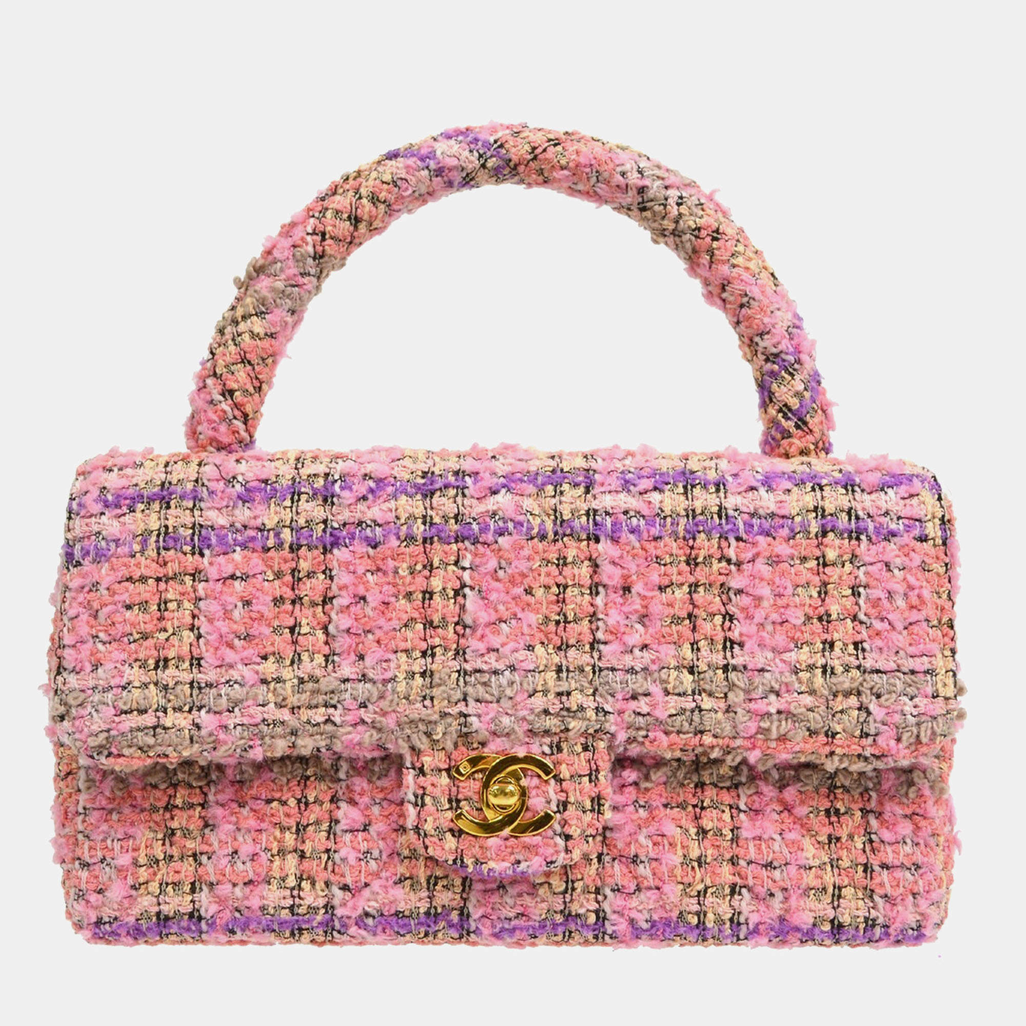 Pre Owned Chanel Pink Tweed Top Handle Handbag