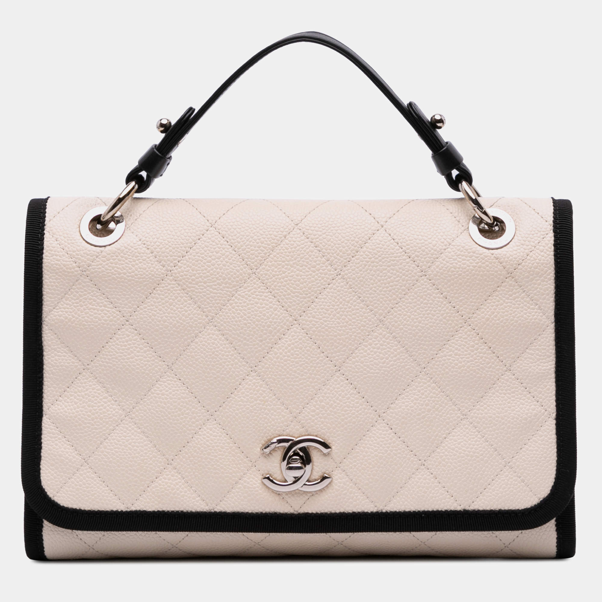 Chanel Beige CC Bicolor Quilted Caviar and Grosgrain Top Handle Flap